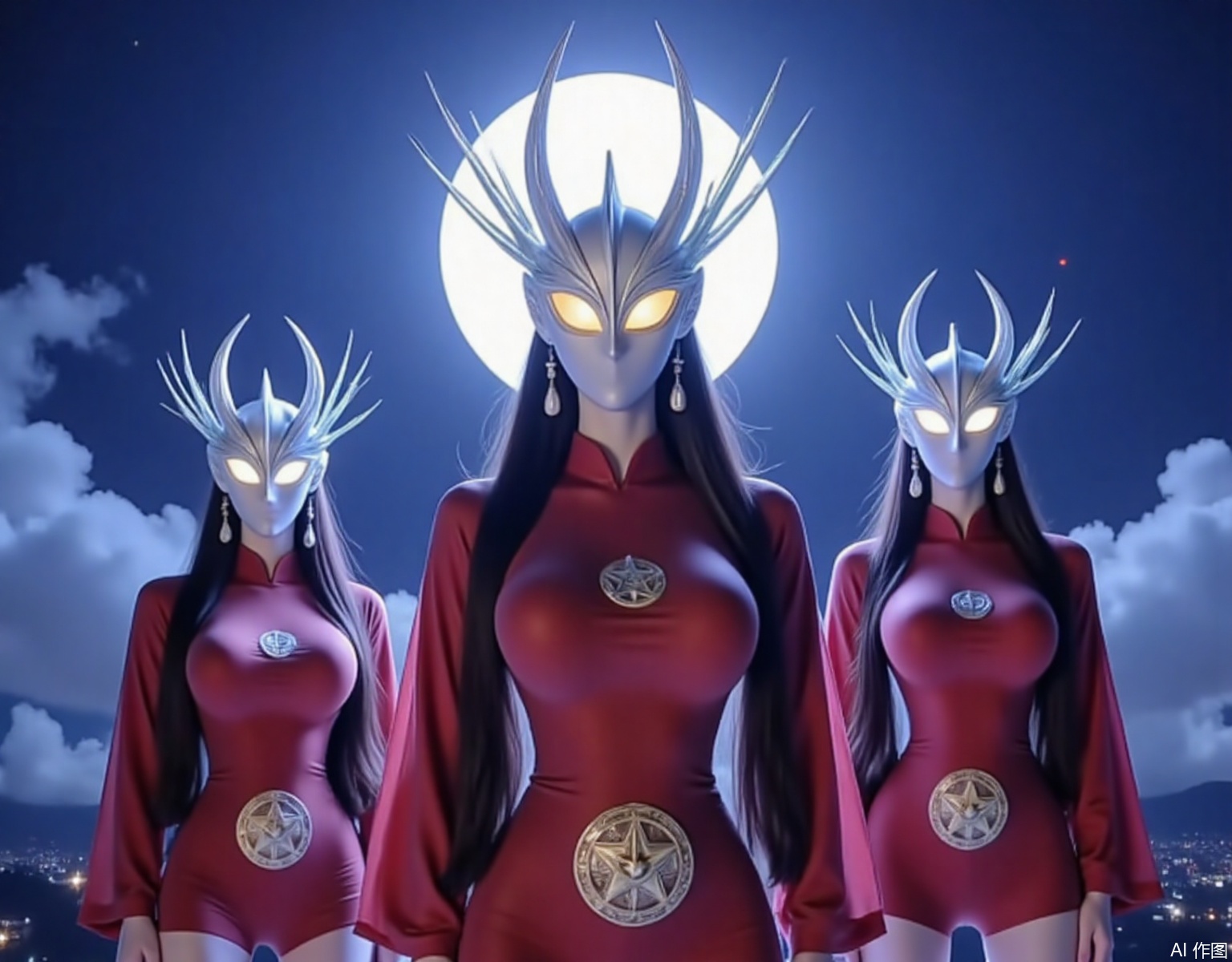 Several girls stand apart, with long black hair, dangling earrings, necklaces, large breasts, slim waists, and long legs, Wearing a scarlet battle suit with a golden pentagram pattern on it, the eyes of the helmets have long glowing eyelashes, the corners of the eyes on the helmets are long, horns grow on the helmets, and the eyes of the helmets emit rays of various colors.atm,Standing at the top of Mount Tai, there is a fiery sun amidst the swirling clouds,Starlight filter,with white dots dotting the entire image,YLN,juru2