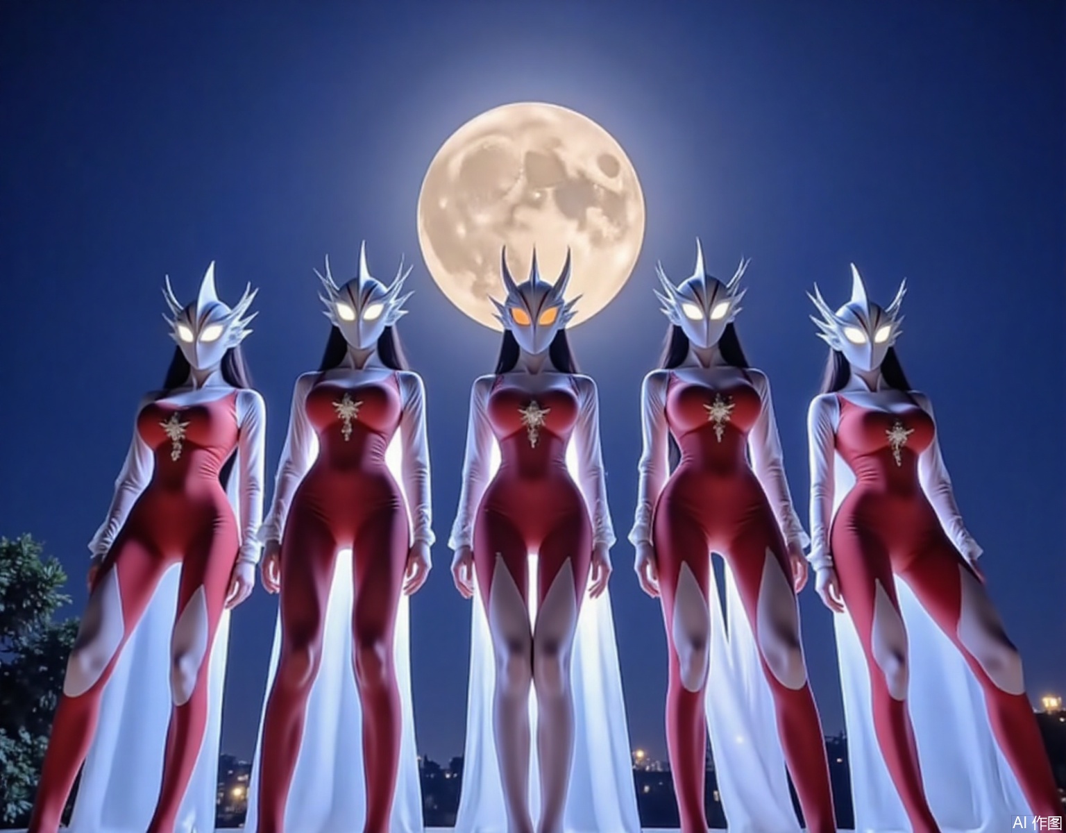 Several girls stand apart,They brought different kinds of Ultraman helmets. with long black hair, dangling earrings, necklaces, large breasts, slim waists, and long legs, Wearing a scarlet battle suit with a golden pentagram pattern on it, the eyes of the helmets have long glowing eyelashes, the corners of the eyes on the helmets are long, horns grow on the helmets, and the eyes of the helmets emit rays of various colors.atm,Standing at the top of Mount Tai, there is a fiery sun amidst the swirling clouds,Starlight filter,with white dots dotting the entire image,YLN,juru2