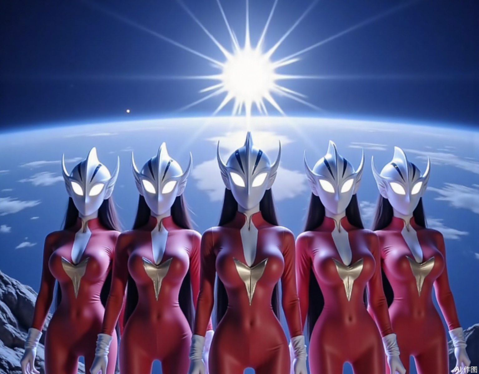 Several girls stand apart,They brought different kinds of Ultraman helmets. with long black hair, dangling earrings, necklaces, large breasts, slim waists, and long legs, Wearing a scarlet battle suit with a golden pentagram pattern on it, the eyes of the helmets have long glowing eyelashes, the corners of the eyes on the helmets are long, horns grow on the helmets, and the eyes of the helmets emit rays of various colors.atm,Standing at the top of Mount Tai, there is a fiery sun amidst the swirling clouds,Starlight filter,with white dots dotting the entire image,YLN,juru2