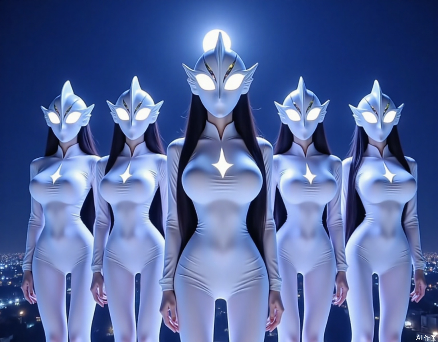 Five girls stood separately, wearing different styles of Ultraman helmets. They have long black hair, pendant earrings, glowing gem necklaces, plump breasts, slender waists and slender legs. They wear different colors of futuristic battle suits, with glowing six-pointed energy lamps on their chests, and the eyes of the helmet have long glowing eyelashes. The eyes of the helmet are long, and the eyes of the helmet emit light of various colors. atm, standing on the top of Mount Tai, in the rolling clouds, there is a hot sun, dazzling and beautiful starlight, YLN, juru2