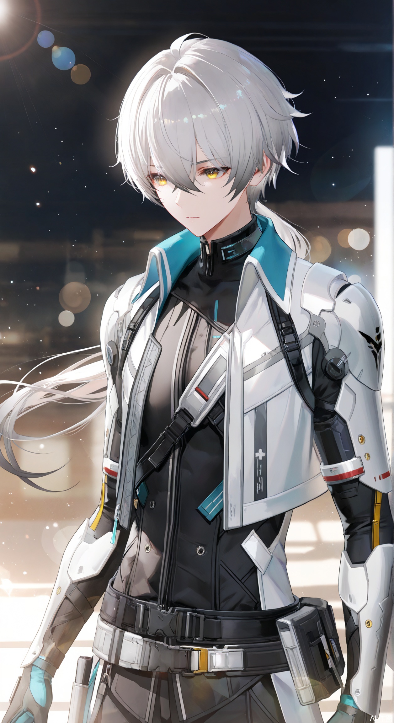 wanshi/(PGR),1boy,solo, long hair, short hair, bangs, gloves,hair between eyes,jacket, yellow eyes, grey hair, open clothes, black shirt, white jacket,depth of field, light particles, lens flare, masterpiece,best quality,((artist:reoen),(artist:fuzichoco),(artist:atdan),(artist:torino_aqua:0.5),year 2024:0.5),(artist:omone_hokoma_agm:0.8), 2d, anime,
