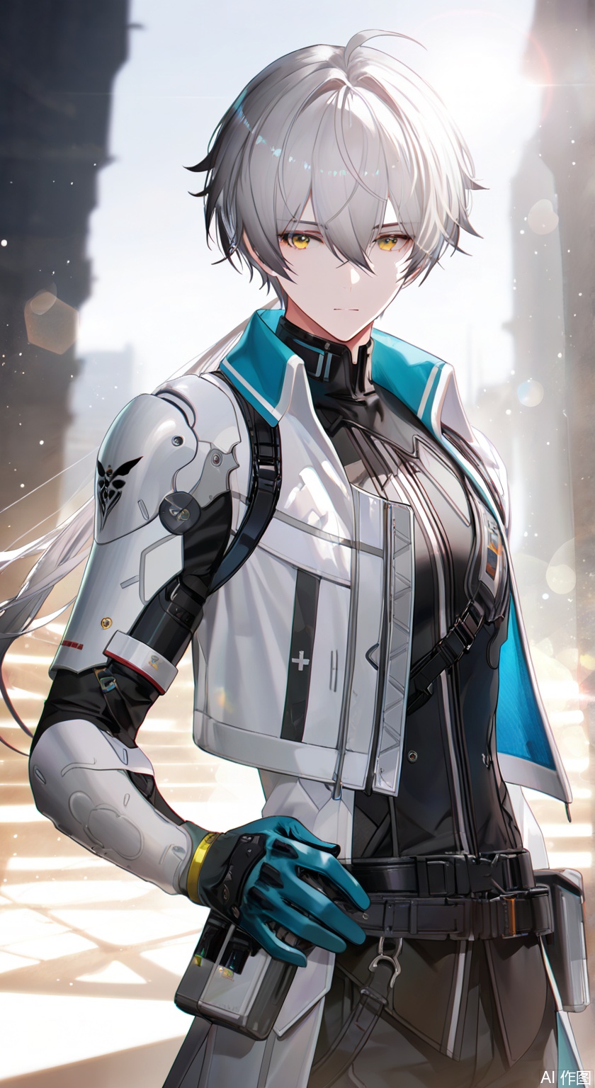 wanshi/(PGR),1boy,solo, long hair, short hair, bangs, gloves,hair between eyes,jacket, yellow eyes, grey hair, open clothes, black shirt, white jacket,depth of field, light particles, lens flare, masterpiece,best quality,((artist:reoen),(artist:fuzichoco),(artist:atdan),(artist:torino_aqua:0.5),year 2024:0.5),(artist:omone_hokoma_agm:0.8), 2d, anime,