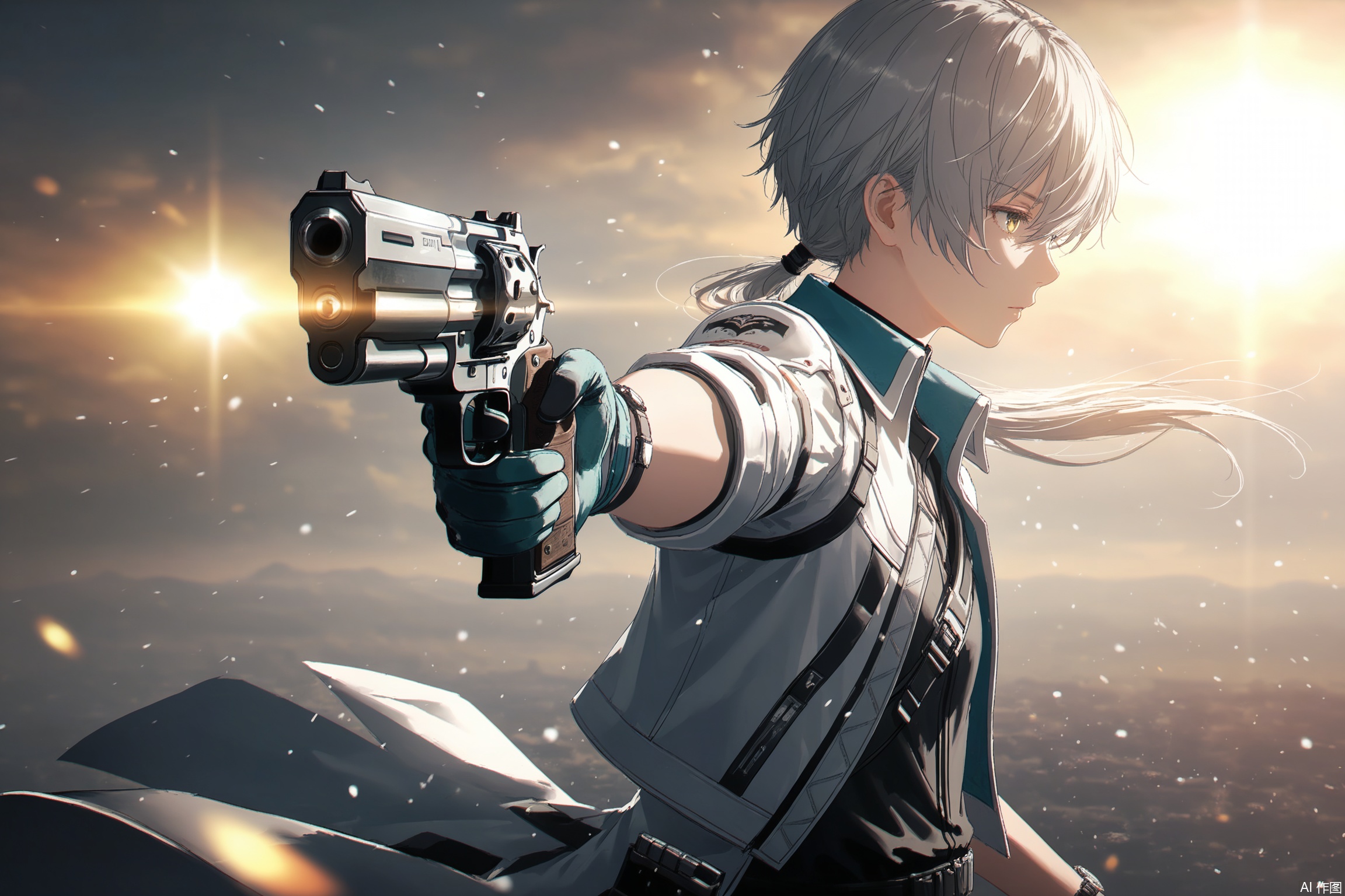 wanshi/(PGR),1boy,solo, long hair, short hair, bangs, gloves,hair between eyes,jacket, yellow eyes, grey hair, open clothes, black shirt, white jacket,holding,weapon,holding weapon, gun,revolver, floating hair, foreshortening, watch, motion blur, aiming, from side,
backlighting,depth of field,cinematic lighting,light particles,lens flare, extreme aesthetic,(wlop:0.4),masterpiece,best quality,good quality,newest,very aesthetic,absurdres,A shot with tension, 32K UHD,sharp focus,best-quality,masterpiece,Emotionalization,temperate atmosphere,with a high-end texture,in the style of fashion photography, (Visual impact:1.2),impactful picture,offcial art,colorful,movie perspective, masterpiece