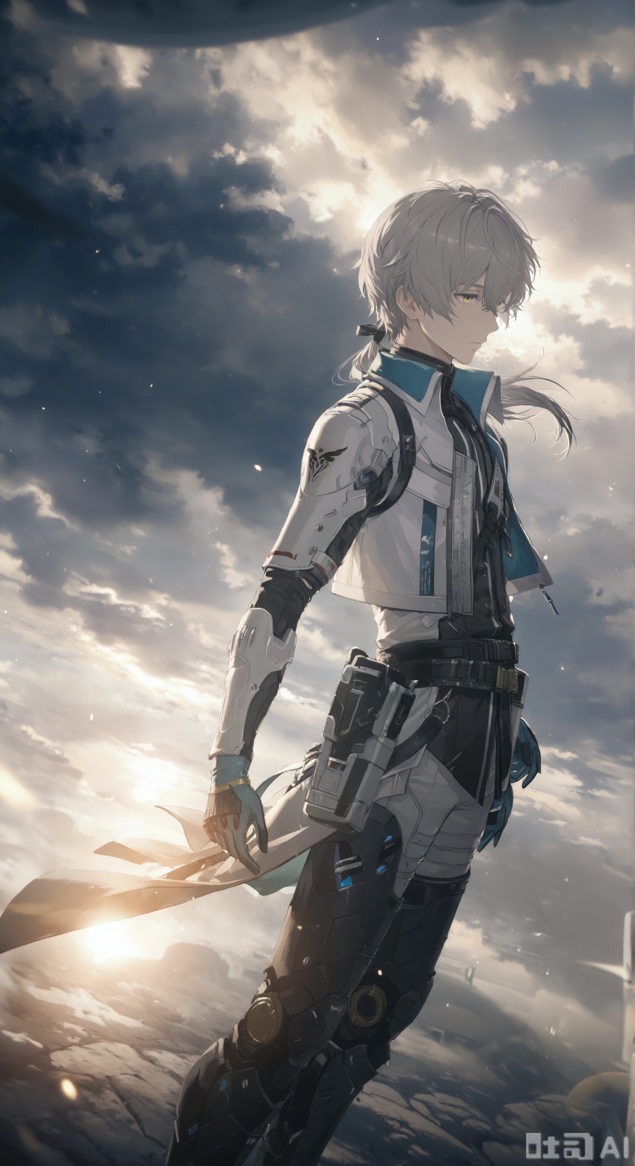 
wanshi/(PGR),1boy,solo, long hair, short hair, bangs, gloves,hair between eyes,jacket, yellow eyes, grey hair, open clothes, black shirt, white jacket, floating hair,belt,caplet,boots,full shot,expressionless,from side,from above,dutch angle,hand on caplet