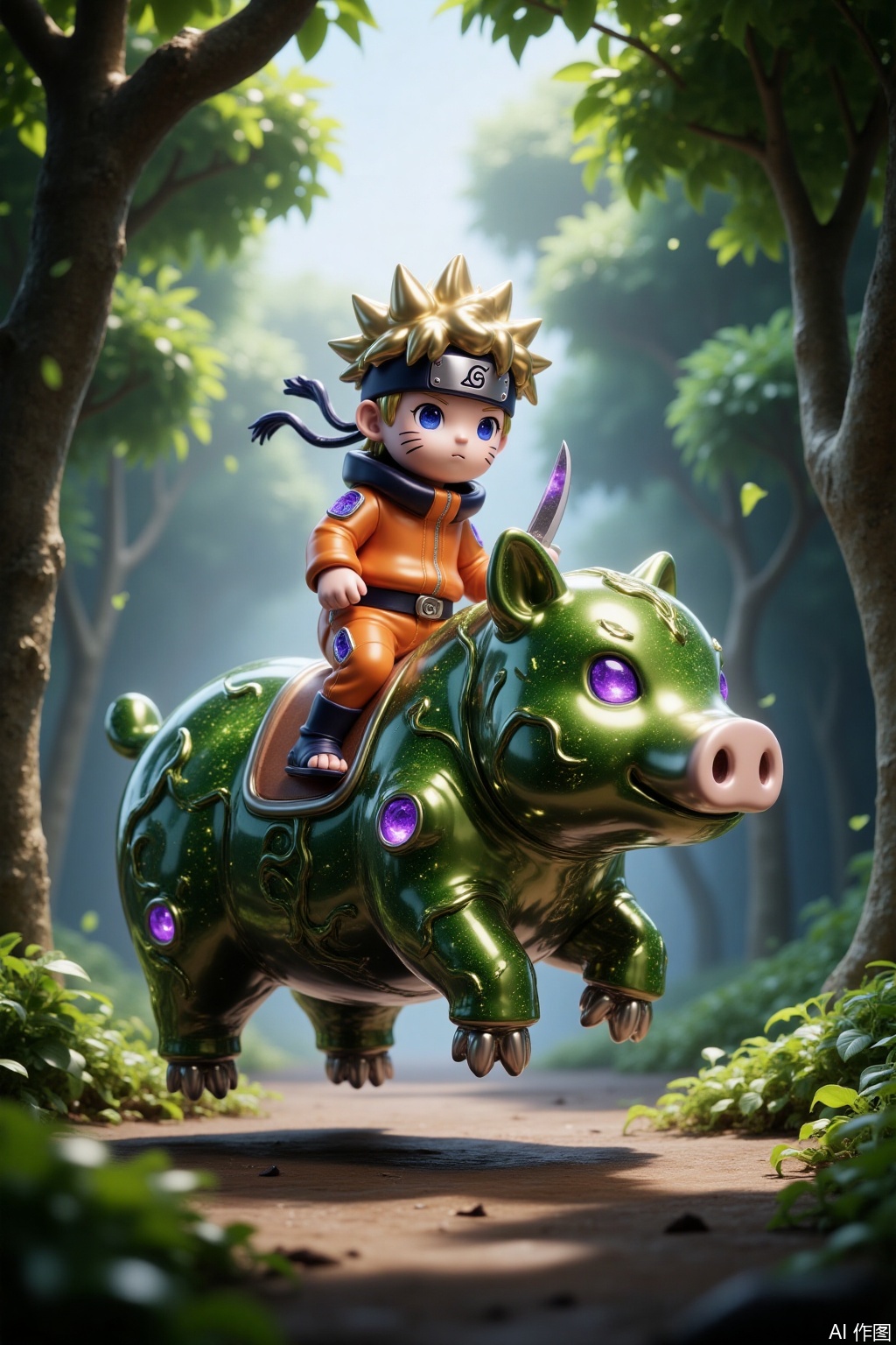 Cartoon,Naruto rides on a grass elemental boar,the boar's body covered in lush green fur,with vines and leaves intertwined around its legs. Naruto wears his iconic orange ninja outfit with a determined expression,holding a kunai in his hand. The background is a dense forest with sunlight filtering through the trees,casting dappled shadows on the ground. The scene is dynamic,with leaves and grass swaying in the wind,emphasizing the connection between the elemental boar and nature.,,
