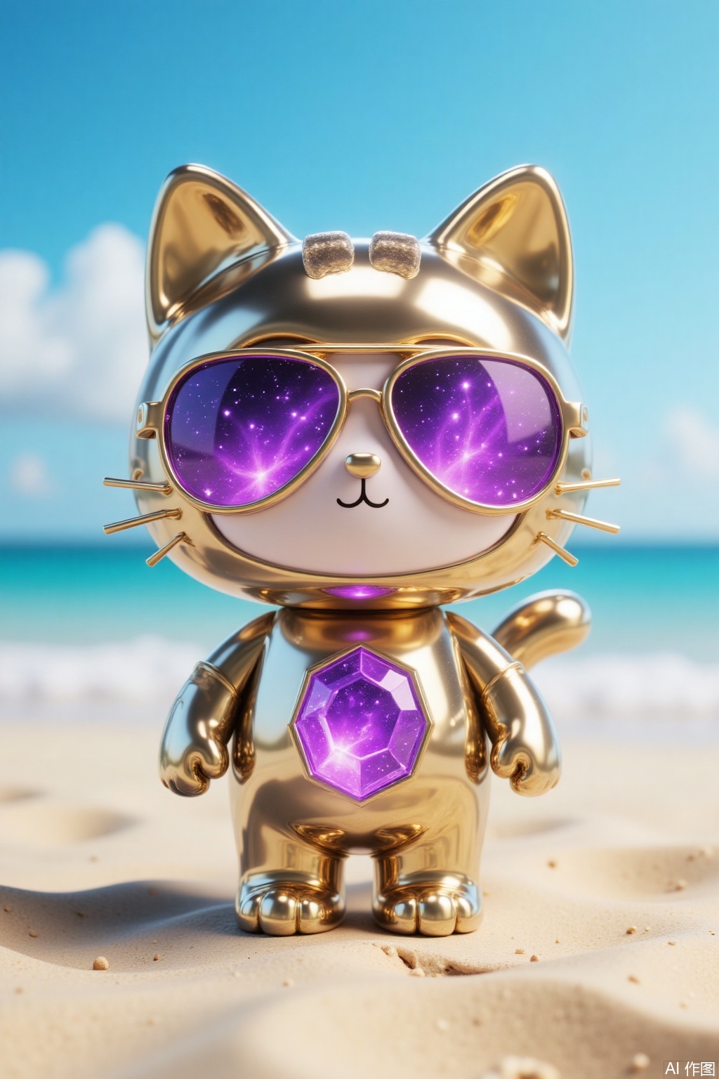 Cute 3d image, cat, wearing sunglasses, happy, beach, bathing in the sun