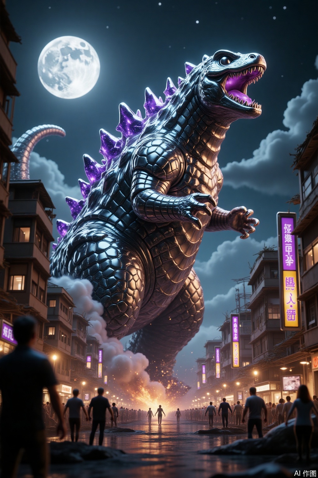 Create a dramatic and powerful image featuring Godzilla in a realistic style. Godzilla rises from the ocean, its scaly skin glistening under the moonlight. The towering monster roars, shaking buildings and causing chaos in a bustling cityscape. The scene is illuminated with dramatic lighting, casting sharp shadows and emphasizing the destructive power and immense size of Godzilla. The environment is detailed with shattered buildings, swirling smoke, and fleeing crowds, enhancing the sense of destruction and danger.