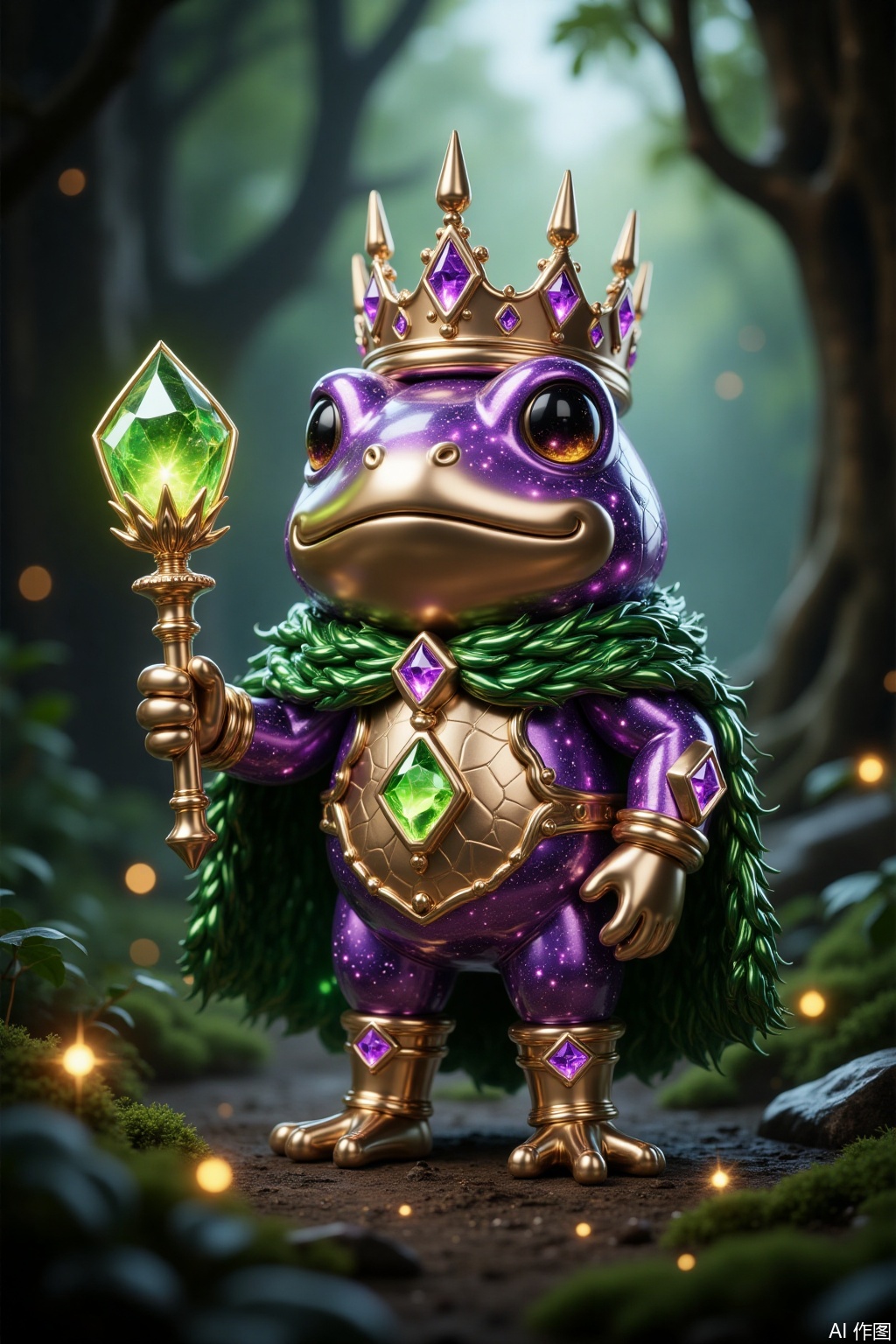 Metal paint,Cartoon ,A toad duke adorned with grass elements, featuring detailed textures and vibrant colors, set against a mystical forest backdrop. The toad is dressed in ornate clothing with grass patterns, holding a scepter with a large grass emerald. The scene is illuminated with soft, magical light filtering through the dense foliage, creating a whimsical and enchanting atmosphere. Cartoony style with intricate details, emphasizing the whimsical and fantastical nature of the scene.