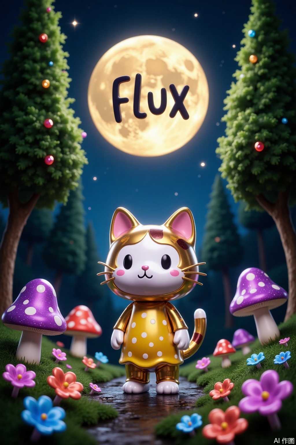 The image depicts a whimsical,nighttime scene with a large full moon illuminating the sky. A cheerful orange and white cat stands in the center,wearing a yellow dress with white polka dots. The cat has large,expressive eyes and a small pink nose,giving it a friendly appearance. Surrounding the cat are vibrant,colorful mushrooms of various sizes and shapes,and a lush,green landscape filled with flowers of different colors,including pink,blue,and purple. The background features tall trees with dense foliage,and the sky is dark blue,dotted with twinkling stars. Above the cat,the text reads "FLUX" in a playful,whimsical font.,