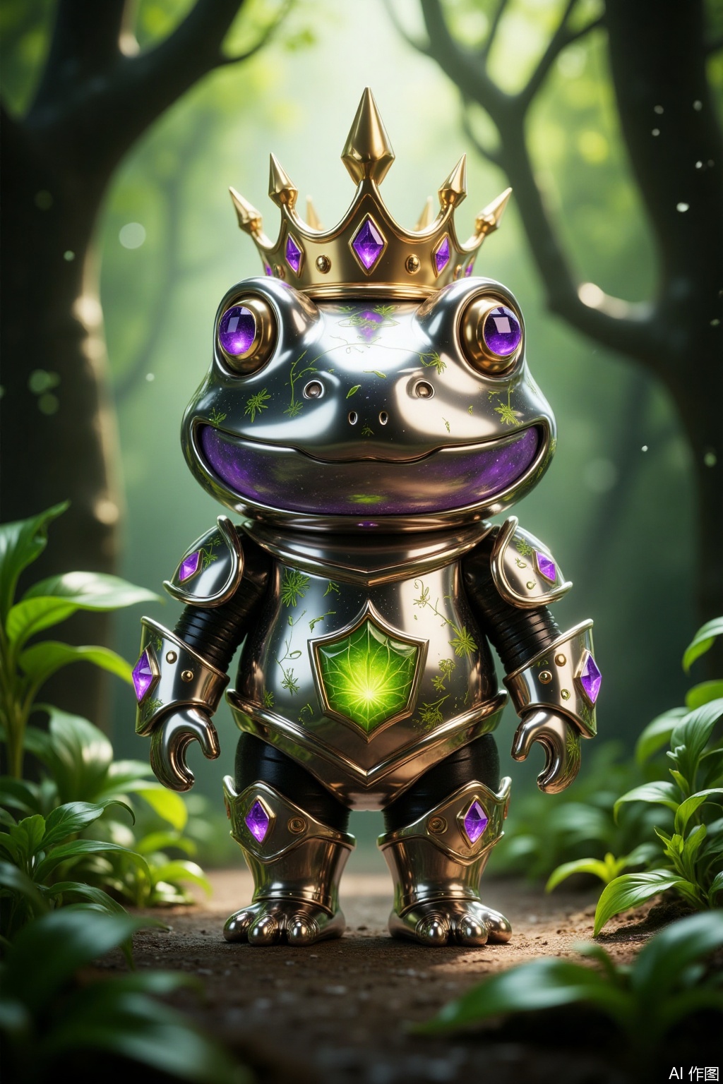 Metal paint, Cartoon ,,Create a whimsical digital illustration featuring a holy knight toad imbued with the essence of grass elements. The toad is clad in ornate armor with intricate grass patterns, exuding both strength and serenity. The armor has a glossy sheen with subtle leaf imprints, adding to its mystical appearance. The background showcases a lush, enchanted forest with vibrant green foliage and rays of sunlight filtering through the leaves, casting a serene glow. The composition is balanced with the toad at the center, surrounded by a halo of glowing grass blades that emit a soft, ethereal light.