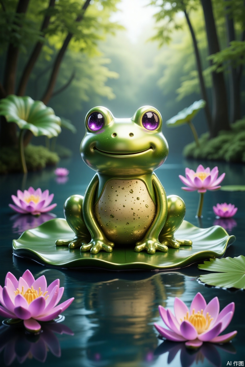 Cartoon,Create a whimsical digital illustration featuring a frog. The frog is depicted in a playful cartoon style,with detailed textures on its skin,showcasing its bumpy green surface. It sits on a lily pad surrounded by water lilies and lotus flowers in full bloom. The background includes a serene pond with gentle ripples and reflections,and soft sunlight filtering through the trees,casting dappled shadows. The scene is filled with vibrant colors,from the lush greens of the leaves to the vivid hues of the flowers,creating a tranquil and lively atmosphere.,,