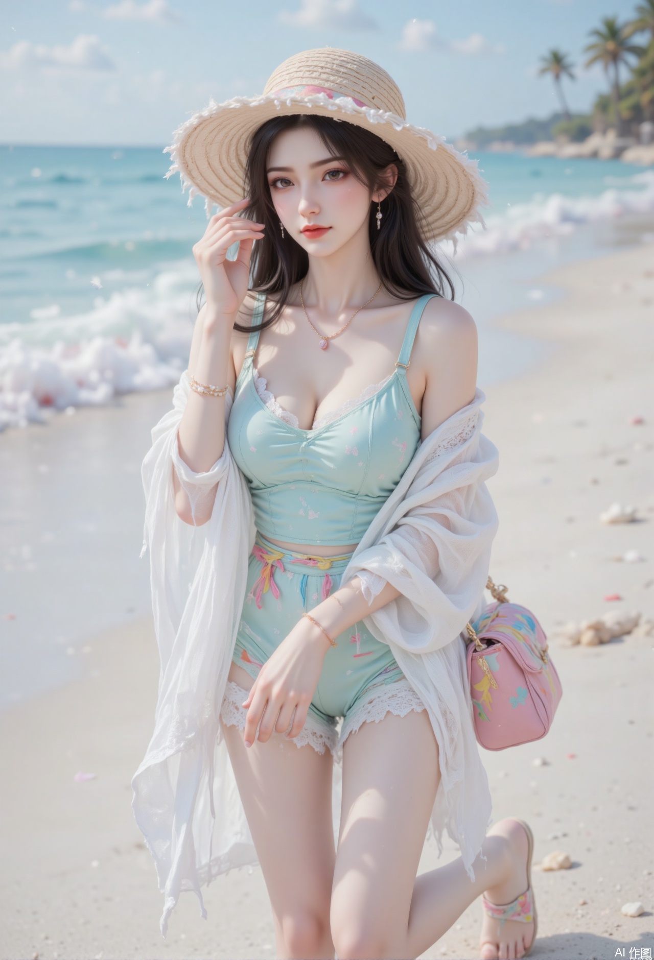 A young 26-year-old woman with long black hair blown gently by the sea breeze,  scattered casually on her shoulders and ba...