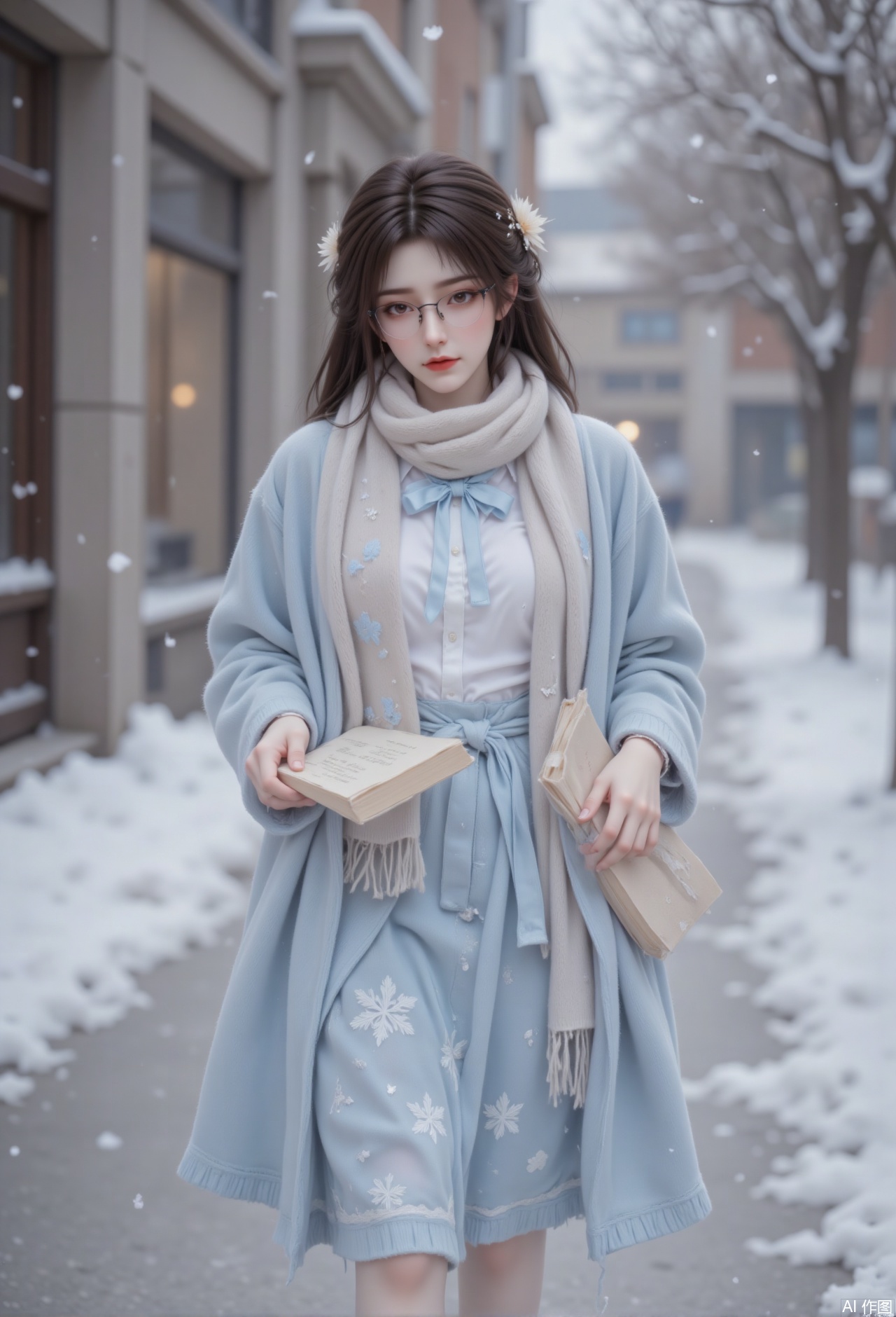 "On the quiet town streets, snowflakes fell quietly, as if they were covered with a white carpet for the whole world. A literary and fresh girl strolled on the street. She was wearing a light blue long wool coat. The texture of the coat was soft and gently fluttered in the wind. There were some irregular white snowflake patterns on it, which complemented the surrounding snow scene. The inner one was a white cotton shirt with a light blue bow tied at the neckline, which looked elegant and sweet. She wore a light blue half-length skirt with fine folds on the skirt, and the skirt was swaying when she walked. She was wearing a pair of white flat leather shoes, and the upper was exquisite hollow patterns, revealing a hint of retro atmosphere.
The girl's hair was slightly curly and was casually draped on her shoulders. There was a white velvet flower between her hair, just like a flower blooming in the snow. She was wearing a pair of black-framed glasses, and her eyes behind the lenses were clear and bright, exuding a faint bookish atmosphere. A beige wool scarf was wrapped around her neck, with some light blue embroidered patterns on the scarf, which echoed the coat. She was holding a hardcover book in her hand, with some snowflakes on the cover, as if it was specially prepared for this snowy day. The girl walked slowly, sometimes stopping, admiring the snow-covered buildings and trees on the street, sometimes lowering her head and flipping through the books in her hand, immersing in the beautiful atmosphere of words and snow scenes, as if integrated with the flying snow in the sky, forming a beautiful picture. ",zichu-2.5D