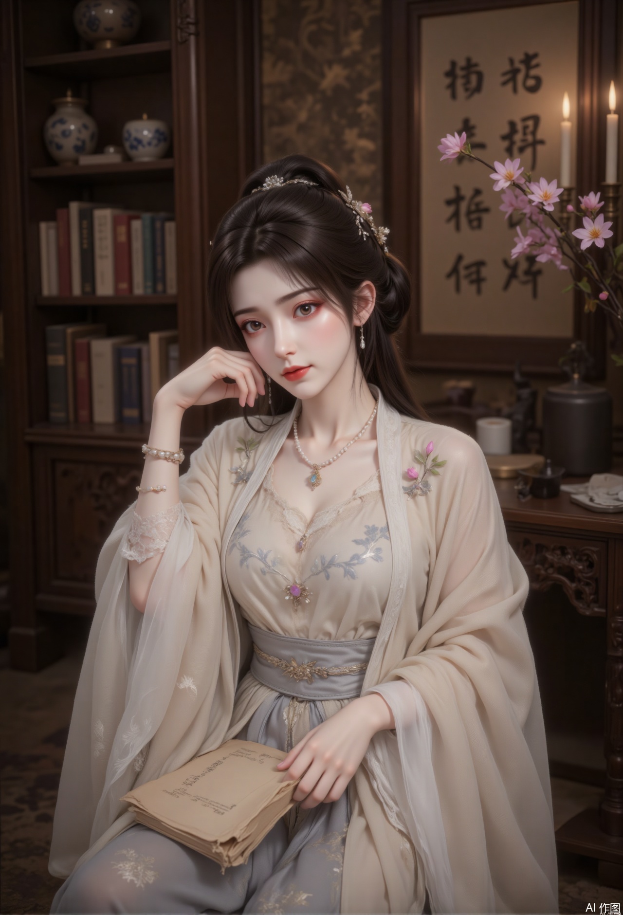 "The quiet and elegant lady of a noble family has black hair combed into a dignified fallen horse bun, with a white magnolia hairpin inserted into her bun, and a few strands of hair naturally drooped to her chest. Under the curved willow eyebrows, her eyes are clear and bright, with light purple eyeshadows painted, and her lips are soft bean paste. She is sitting upright in front of the carved desk in the study, holding a book in one hand and gently fiddling her hair with the other hand, with a focused and gentle expression.
She wore a beige skirt with exquisite ink bamboo embroidered on the upper robe, and light gray lace lace was adorned at the cuffs and neckline. The lower skirt is light gray, with elegant cloud patterns on the hem, a dark gray belt is tied around the waist, and a seal engraved with the word "jing" is hanging at the end. She wore white embroidered shoes with pink flowers embroidered on her feet. He wore a pearl necklace on his neck, a pair of mutton fat jade bracelets on his wrist, and a small jade ring on his fingers.​
Using the soft warm light, the candlelight in the study sways, and the light and shadows sprinkle on the books and the girls. The artistic style is fine brushwork and the background is a simple and elegant study room. The bookshelf is full of ancient books, calligraphy works are hung on the wall, and the table is placed with pen, ink, paper and inkstones and a pot of blooming orchids. ​",zichu-2.5D