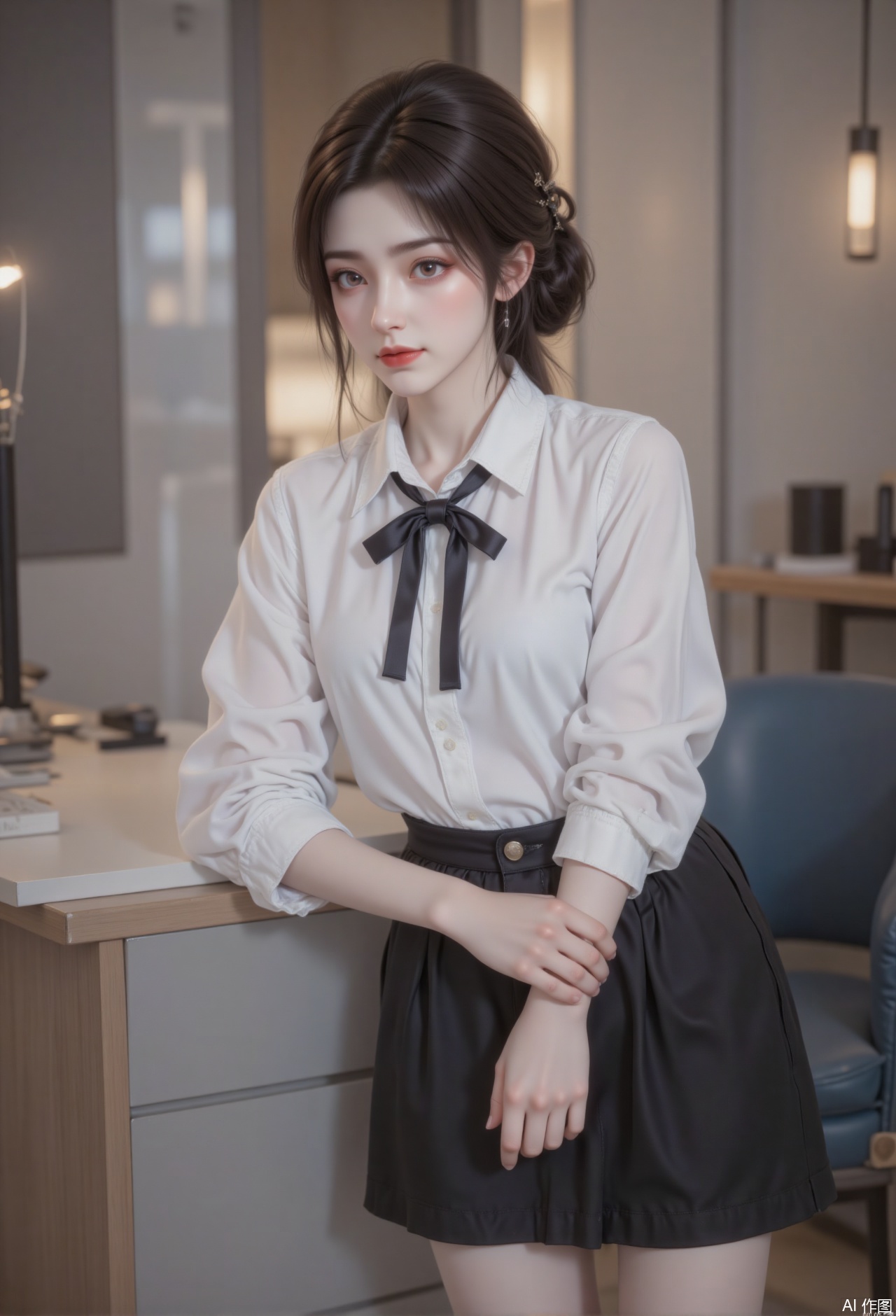 The image depicts a young woman with long, dark hair styled in a neat bun. She is wearing a white blouse with long sleeves and a black bow tied around her neck. She is also dressed in a black skirt and black stockings. The setting appears to be indoors, possibly in a modern office or a similar environment, with a blue chair and a desk in the background. The lighting is soft and warm, creating a cozy atmosphere.
