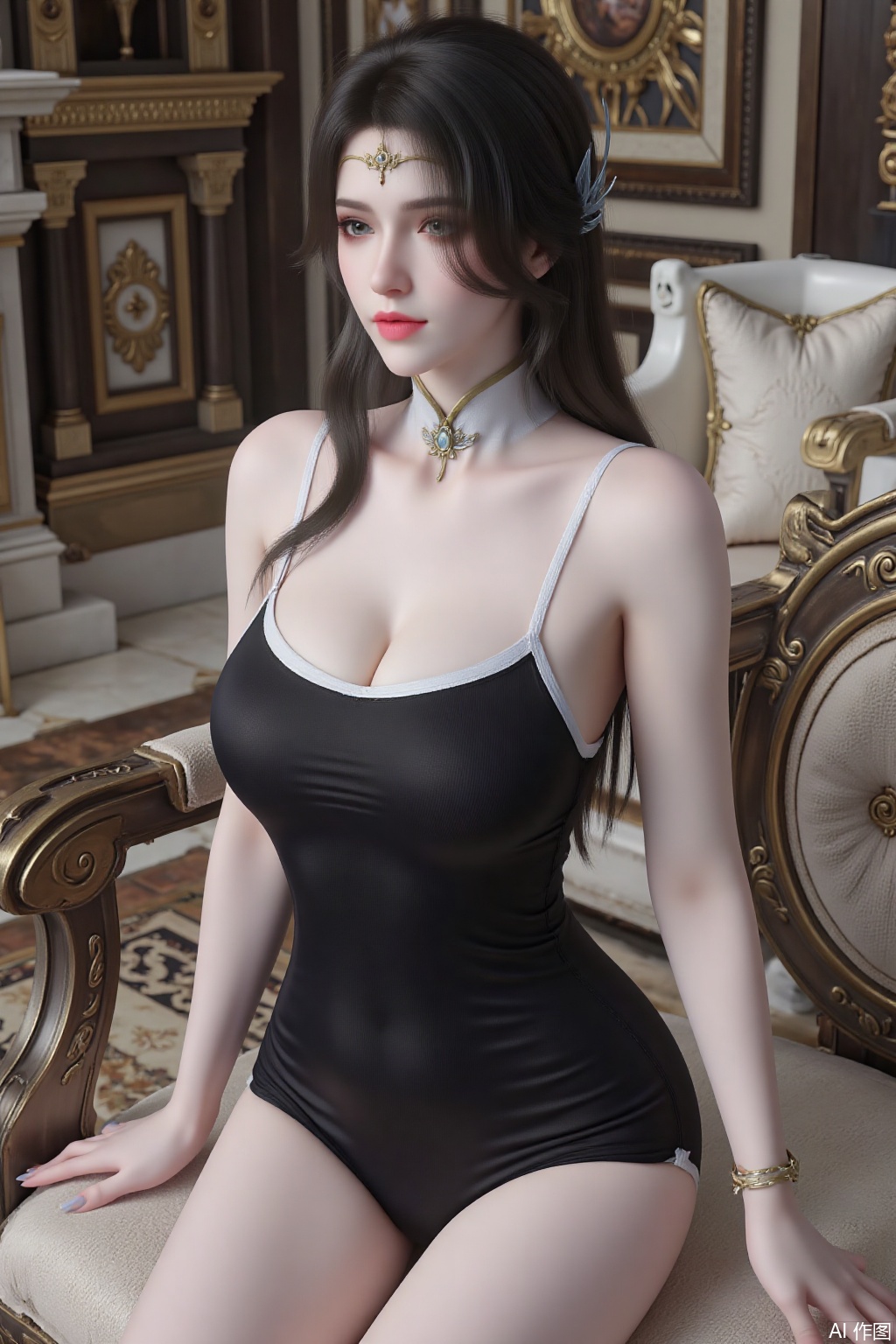 1girl,long hair,grey_hair,black_hair,blue eyes,hair ornament,big breasts,cleavage,One-piece camisole, black one-piece swimsuit,indoor,living room,,sitting on the couch,looking_at_viewer,XuanYi,necklace