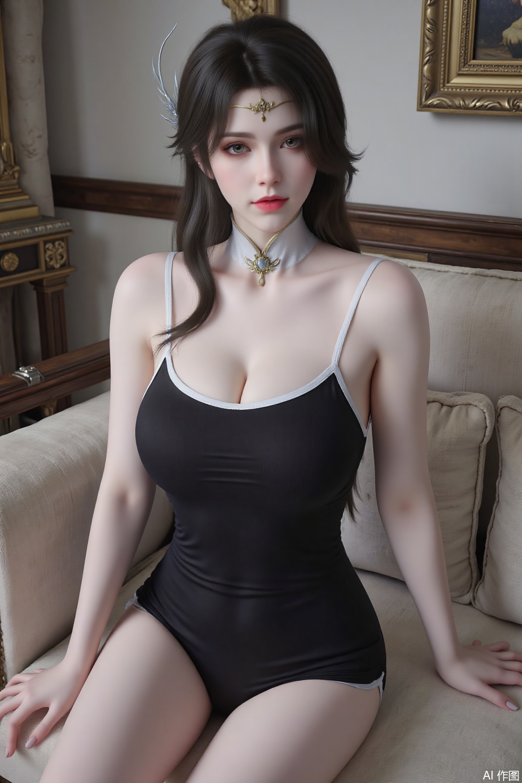 1girl,long hair,grey_hair,black_hair,blue eyes,hair ornament,big breasts,cleavage,One-piece camisole, black one-piece swimsuit,indoor,living room,,sitting on the couch,looking_at_viewer,XuanYi,necklace