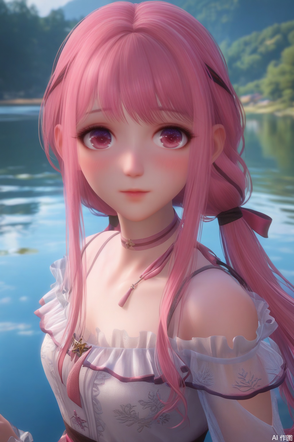 score_9,score_8_up,score_7_up,outdoors,lake,(in the water:1.2),upper body,
masterpiece,best quality,official art,extremely detailed CG unity 8k wallpaper,realistic,photorealistic,8k,ultra-detailed,(blush:1.2,),light blush:1.2,cowboy shot,
1girl,solo,pink hair,long hair,bangs,twintails,choker,pink eyes,necklace,see-through,
from_above,