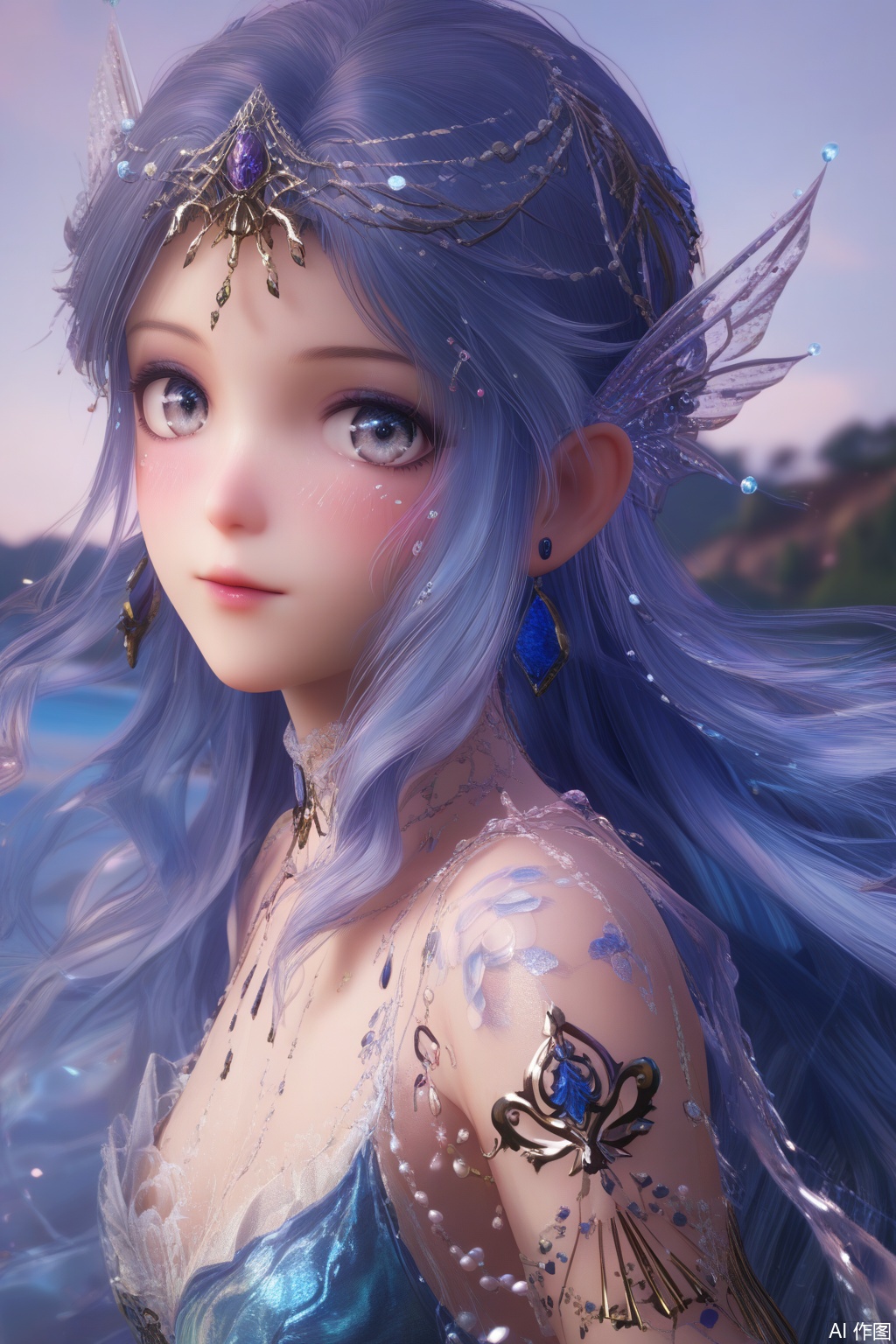 score_9,score_8_up,score_7_up,outdoors,lake,(in the water:1.2),upper body,
masterpiece,best quality,official art,extremely detailed CG unity 8k wallpaper,realistic,photorealistic,8k,ultra-detailed,(blush:1.2,),light blush:1.2,cowboy shot,
1girl,solo,long hair,looking at viewer,grey eyes,very long hair,blue hair,earrings,blurry background,