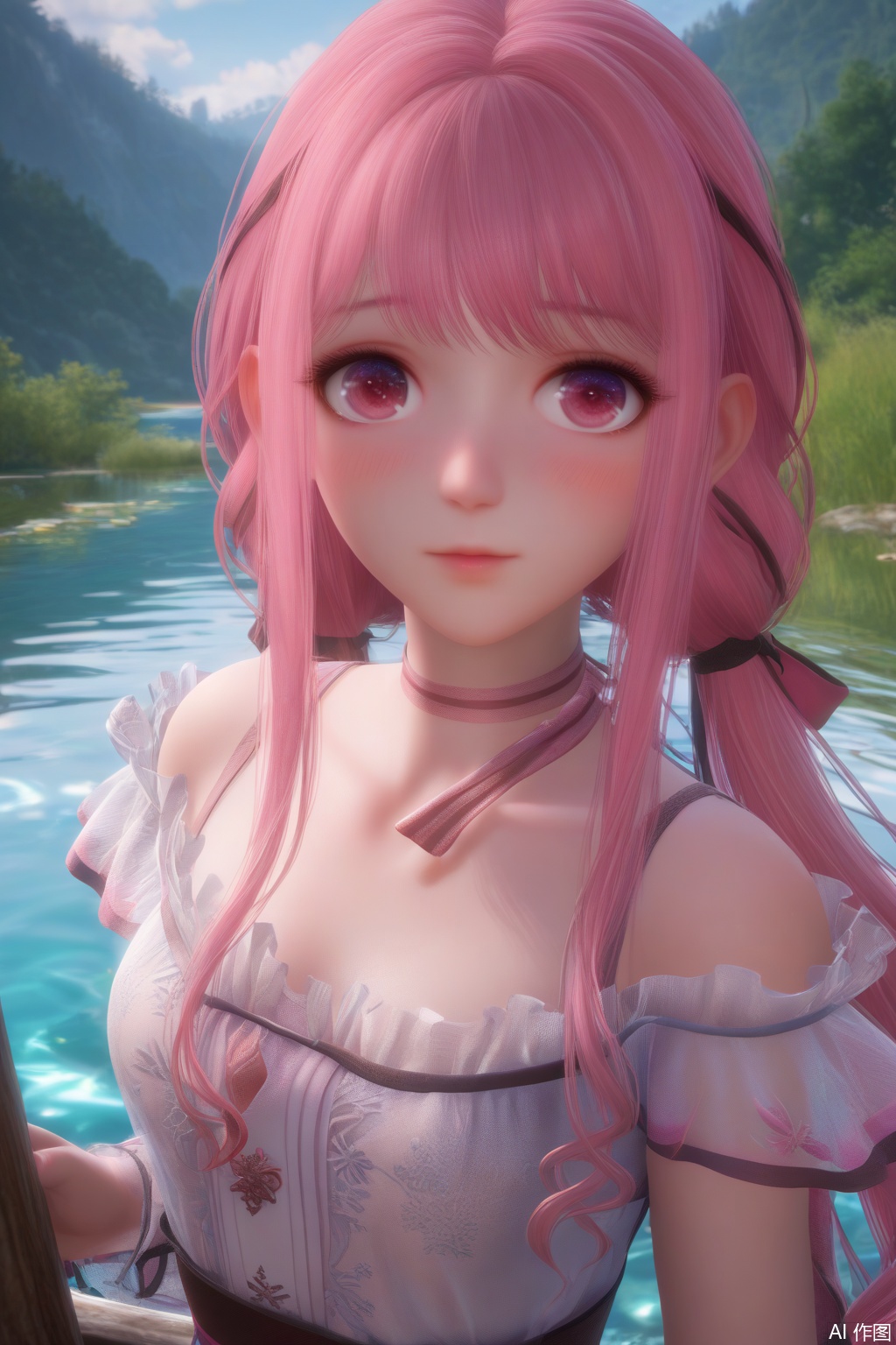 score_9,score_8_up,score_7_up,outdoors,lake,(in the water:1.2),upper body,
masterpiece,best quality,official art,extremely detailed CG unity 8k wallpaper,realistic,photorealistic,8k,ultra-detailed,(blush:1.2,),light blush:1.2,cowboy shot,
1girl,solo,pink hair,long hair,bangs,twintails,choker,pink eyes,necklace,see-through,
from_above,
