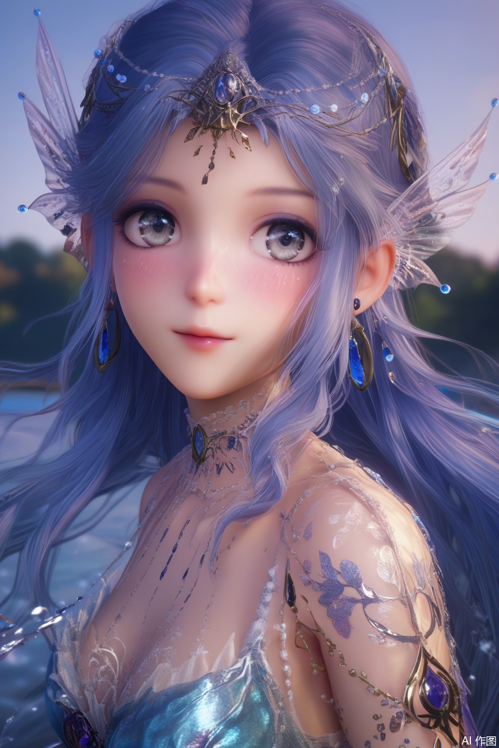 score_9,score_8_up,score_7_up,outdoors,lake,(in the water:1.2),upper body,
masterpiece,best quality,official art,extremely detailed CG unity 8k wallpaper,realistic,photorealistic,8k,ultra-detailed,(blush:1.2,),light blush:1.2,cowboy shot,
1girl,solo,long hair,looking at viewer,grey eyes,very long hair,blue hair,earrings,blurry background,
