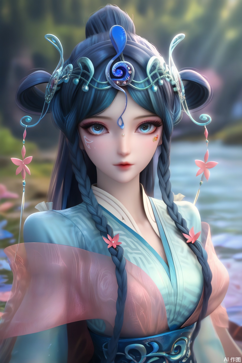 score_9,score_8_up,score_7_up,outdoors,lake,(in the water:1.2),upper body,
masterpiece,best quality,official art,extremely detailed CG unity 8k wallpaper,realistic,photorealistic,8k,ultra-detailed,light blush:1.2,cowboy shot,
1girl,solo,long hair,looking at viewer,blue eyes,hair ornament,hair rings,,blue hair,braid,flower,twin braids,makeup,facial mark,forehead mark,flower,blue dress,chinese clothes,blurry background,