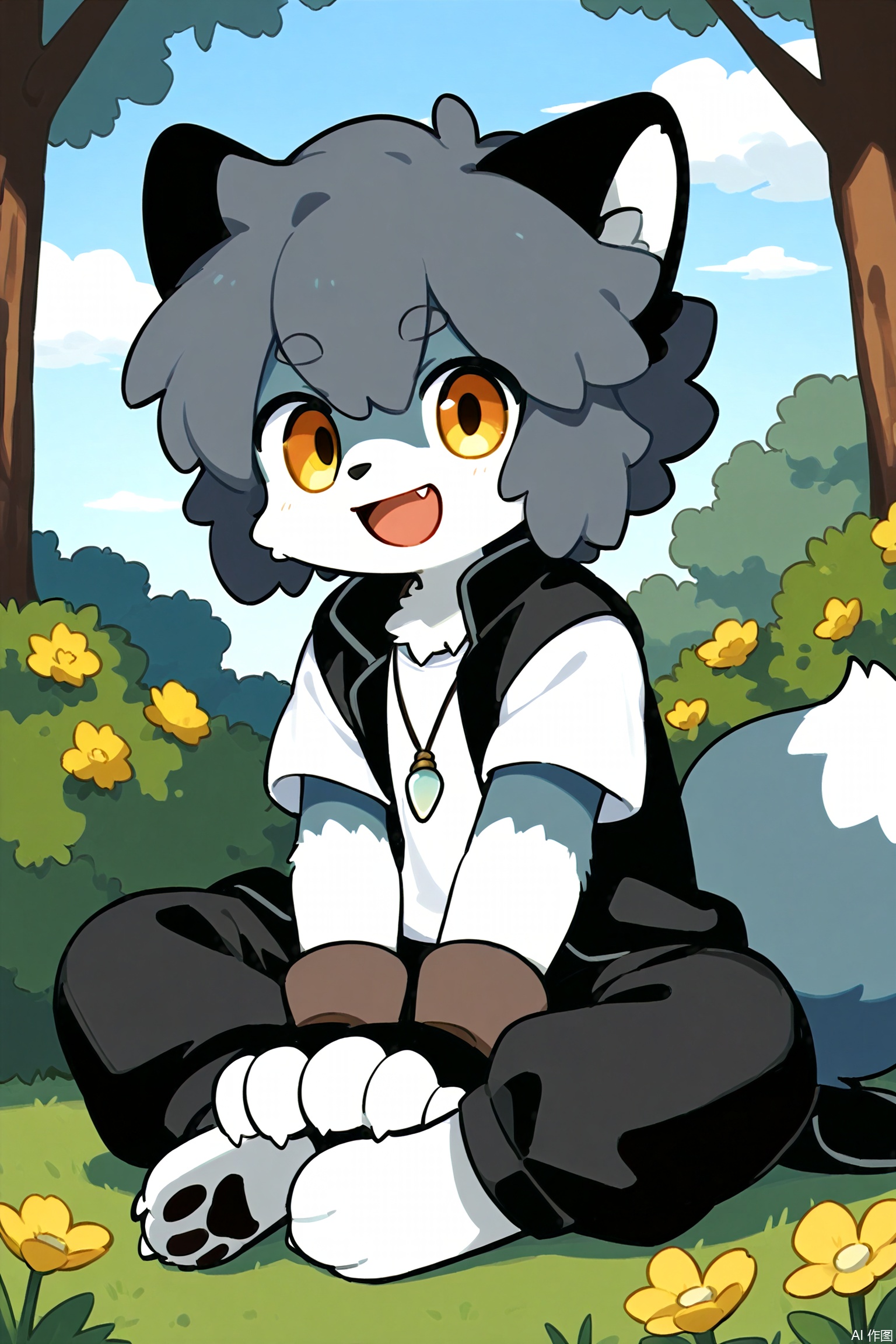 solo, smile, open mouth, shirt, gloves, 1boy, animal ears, jewelry, sitting, jacket, tail, full body, yellow eyes, white shirt, flower, short sleeves, male focus, outdoors, open clothes, sky, day, fang, pants, cloud, fingerless gloves, necklace, tree, blue sky, coat, black jacket, orange eyes, black pants, happy, grass, claws, furry, animal hands, open coat, black coat, yellow flower, bush, furry male, body fur, white fur, on ground, animal nose, two-tone fur, black fur, animal feet, pawpads, grey fur, blue fur, luoxiaohei