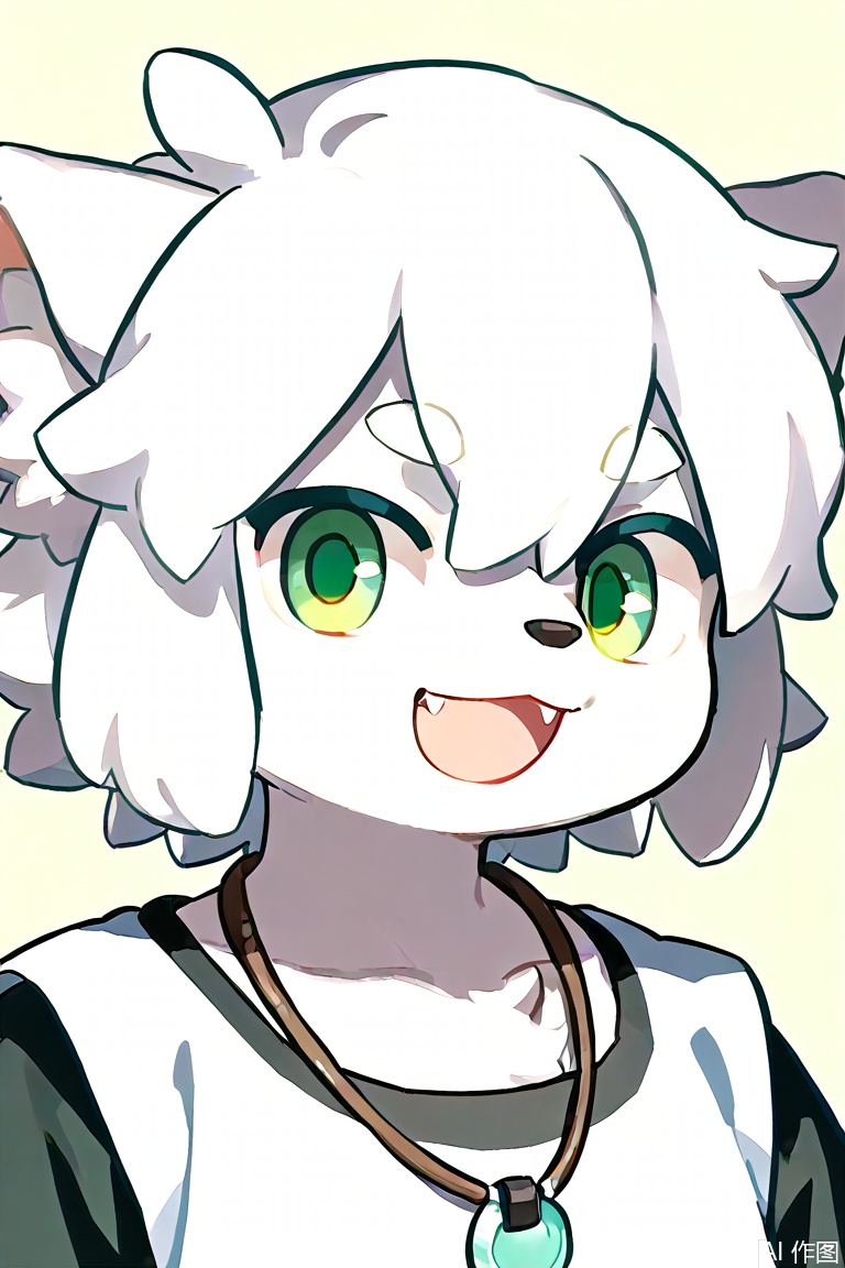 1boy, solo, looking at viewer, smile, short hair, open mouth, bangs, simple background, shirt, animal ears, hair between eyes, jewelry, green eyes, collarbone, white hair, :d, necklace, fangs, portrait, luoxiaohei,furry