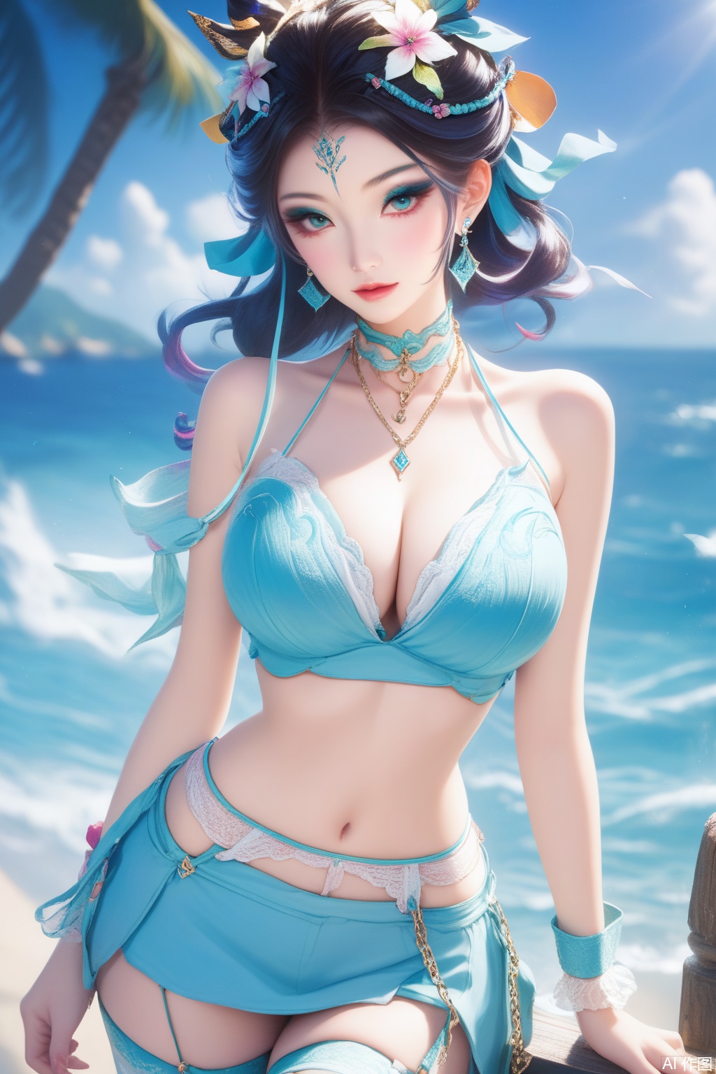 score_9,score_8_up,score_7_up,,1girl, large breasts, (hair ornament1.4),hair ribbon, jewelry, collarbone, wrist cuffs,kanzashi,(halterneck1.3),earrings,jabot,chain necklace,wrist cuffs,neck garter,leg belt,thighhighs,hair flower,high quality, eyeshadow,upper body,looking at viewer,on the beach,on the beach,
