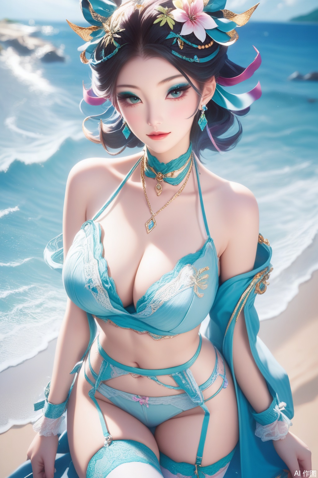 score_9,score_8_up,score_7_up,,1girl, large breasts, (hair ornament1.4),hair ribbon, jewelry, collarbone, wrist cuffs,kanzashi,(halterneck1.3),earrings,jabot,chain necklace,wrist cuffs,neck garter,leg belt,thighhighs,hair flower,high quality, eyeshadow,upper body,looking at viewer,on the beach,on the beach,
