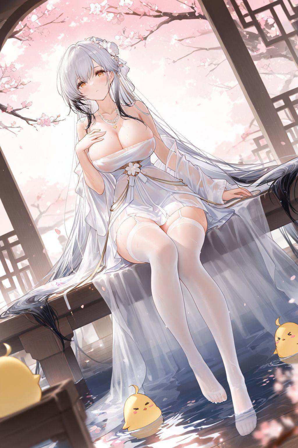 dutch angle,magical,evocative,highres,extremely detailed 8k wallpaper,illustration,depth of field,great quality,masterpiece,best quality,amazing quality,very aesthetic,absurdres,backlighting,detail eyes,artist:rella,artist:konya karasue,artist:an_yasuri,artist:kieed,artist:ruoganzhao,year 2023 BREAKcurvy,(narrow waist:1.1),Hai Tien (azur lane),white hair,multicolored hair,1girl,breasts,thighhighs,long hair,large breasts,dress,white thighhighs,looking at viewer,cleavage,white dress,very long hair,flower,solo,sitting,hair ornament,water,manjuu (azur lane),bare shoulders,see-through,necklace,full body,jewelry,bangs,garter straps,branch,cherry blossoms,grey hair,wooden floor,blush,white hair,hair flower,thighs,off shoulder,see-through dress,hand on own chest,wet clothes,sitting near water,feet in water,koi,<lora:Hai Tien (azur lane):0.6>,