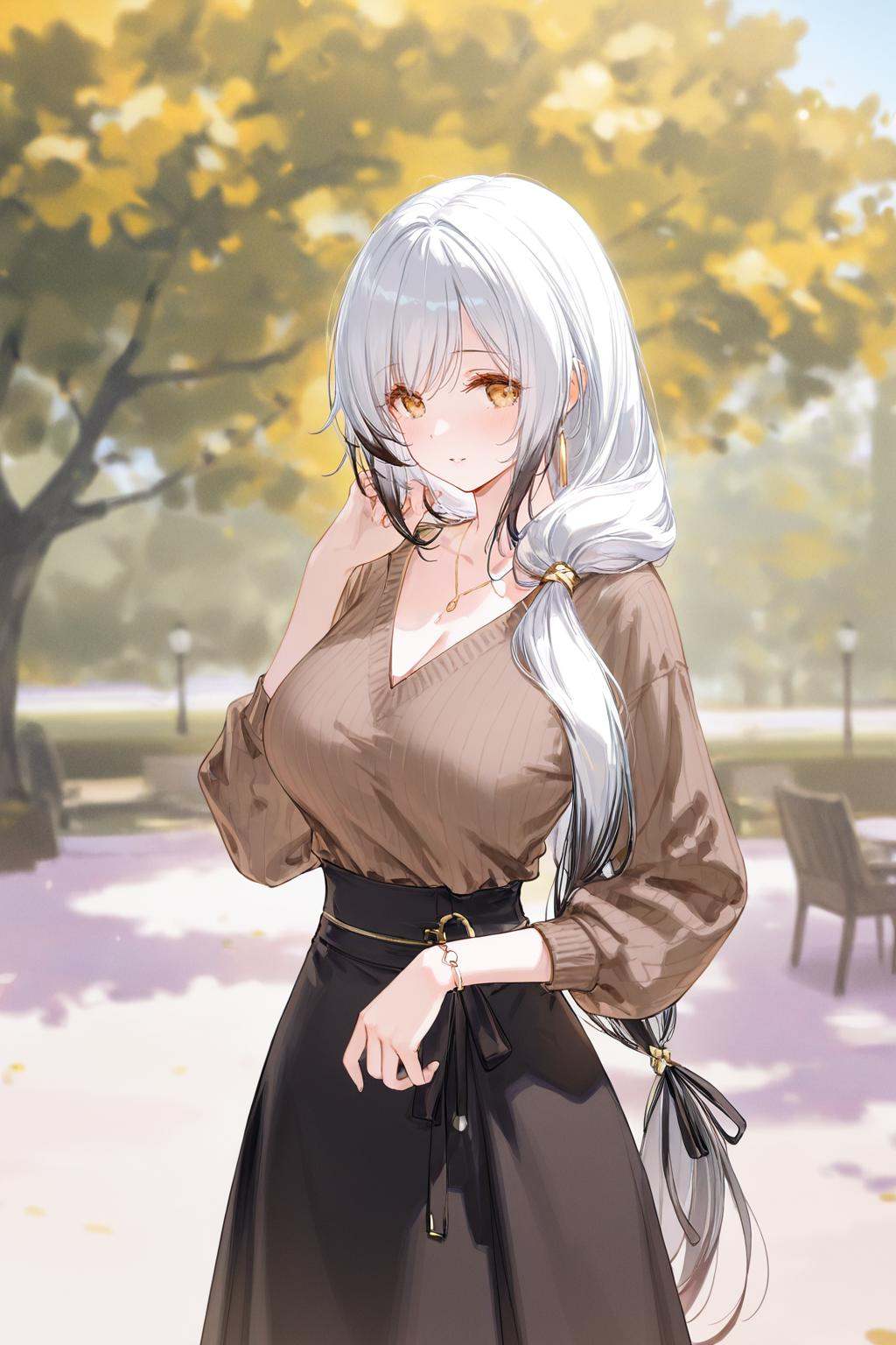 highres,extremely detailed 8k wallpaper,illustration,depth of field,great quality,masterpiece,best quality,amazing quality,very aesthetic,absurdres,detail eyes,[artist:ningen_mame],{artist:tekito_midori,artist:ciloranko,artist:wanke,},artist:ke-ta,[artist:hiten(hitenkei)],year 2023,curvy,(narrow waist:1.1),Hai Tien (azur lane),1girl,white hair,yellow eyes,multicolored hair,mature female,milf,hair over shoulder,low-tied long hair,outdoors,park,cowboy shot,brown sweater,V-neck,high-waisted skirt,<lora:Hai Tien (azur lane):0.6>,