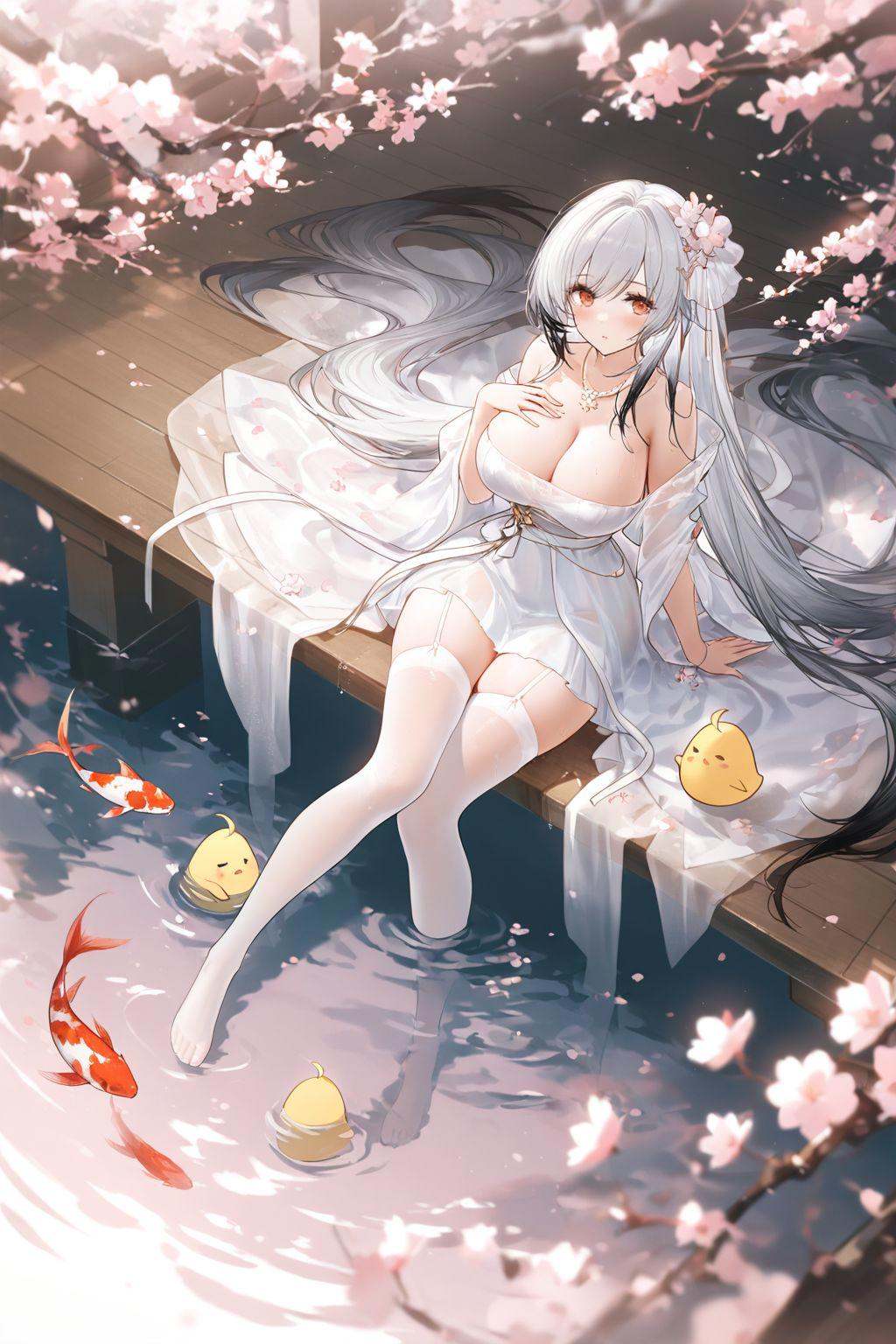 dutch angle,magical,evocative,highres,extremely detailed 8k wallpaper,illustration,depth of field,great quality,masterpiece,best quality,amazing quality,very aesthetic,absurdres,backlighting,detail eyes,artist:rella,artist:konya karasue,artist:an_yasuri,artist:kieed,artist:ruoganzhao,year 2023 BREAKcurvy,(narrow waist:1.1),Hai Tien (azur lane),white hair,multicolored hair,1girl,breasts,thighhighs,long hair,large breasts,dress,white thighhighs,looking at viewer,cleavage,white dress,very long hair,flower,solo,sitting,hair ornament,water,manjuu (azur lane),bare shoulders,see-through,necklace,full body,jewelry,bangs,garter straps,branch,cherry blossoms,grey hair,wooden floor,blush,white hair,hair flower,thighs,off shoulder,see-through dress,hand on own chest,wet clothes,sitting near water,feet in water,koi,from above,pond,<lora:Hai Tien (azur lane):0.6>,