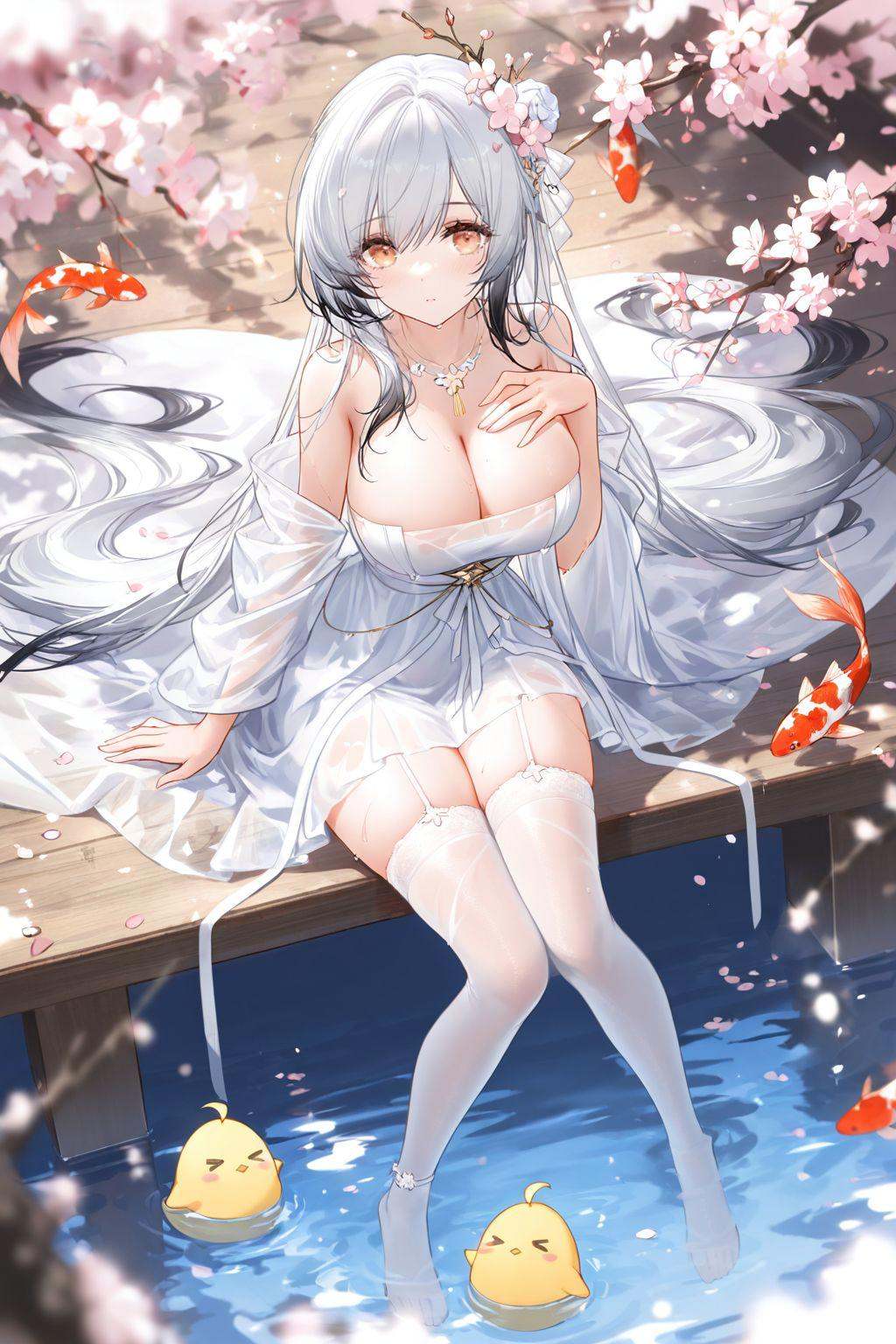 dutch angle,magical,evocative,highres,extremely detailed 8k wallpaper,illustration,depth of field,great quality,masterpiece,best quality,amazing quality,very aesthetic,absurdres,backlighting,detail eyes,artist:rella,artist:konya karasue,artist:an_yasuri,artist:kieed,artist:ruoganzhao,year 2023 BREAKcurvy,(narrow waist:1.1),Hai Tien (azur lane),white hair,multicolored hair,1girl,breasts,thighhighs,long hair,large breasts,dress,white thighhighs,looking at viewer,cleavage,white dress,very long hair,flower,solo,sitting,hair ornament,water,manjuu (azur lane),bare shoulders,see-through,necklace,full body,jewelry,bangs,garter straps,branch,cherry blossoms,grey hair,wooden floor,blush,white hair,hair flower,thighs,off shoulder,see-through dress,hand on own chest,wet clothes,sitting near water,feet in water,koi,from above,pond,<lora:Hai Tien (azur lane):0.6>,