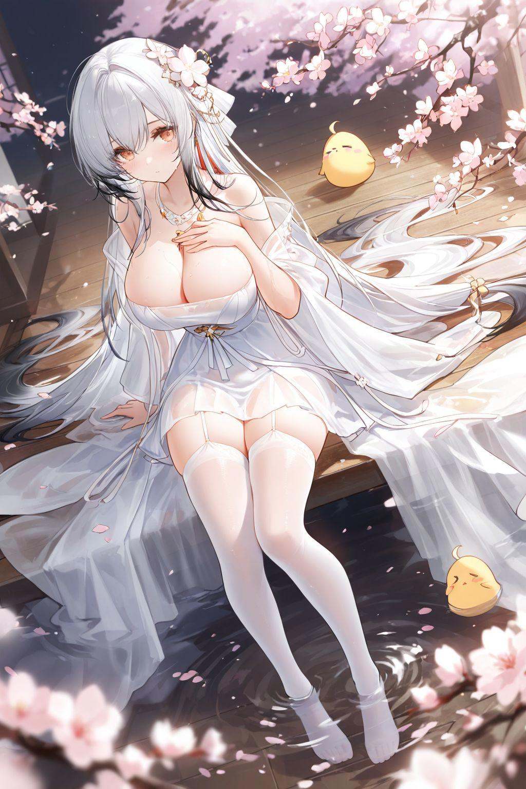 dutch angle,magical,evocative,highres,extremely detailed 8k wallpaper,illustration,depth of field,great quality,masterpiece,best quality,amazing quality,very aesthetic,absurdres,backlighting,detail eyes,artist:rella,artist:konya karasue,artist:an_yasuri,artist:kieed,artist:ruoganzhao,year 2023 BREAKcurvy,(narrow waist:1.1),Hai Tien (azur lane),white hair,multicolored hair,1girl,breasts,thighhighs,long hair,large breasts,dress,white thighhighs,looking at viewer,cleavage,white dress,very long hair,flower,solo,sitting,hair ornament,water,manjuu (azur lane),bare shoulders,see-through,necklace,full body,jewelry,bangs,garter straps,branch,cherry blossoms,grey hair,wooden floor,blush,white hair,hair flower,thighs,off shoulder,see-through dress,hand on own chest,wet clothes,sitting near water,feet in water,koi,<lora:Hai Tien (azur lane):0.6>,