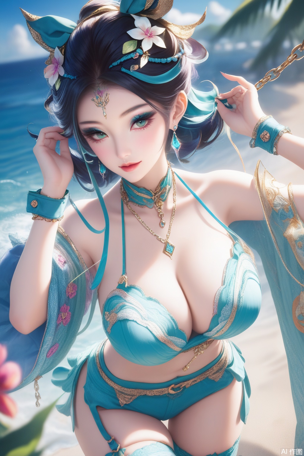 score_9,score_8_up,score_7_up,,1girl, large breasts, (hair ornament1.4),hair ribbon, jewelry, collarbone, wrist cuffs,kanzashi,(halterneck1.3),earrings,jabot,chain necklace,wrist cuffs,neck garter,leg belt,thighhighs,hair flower,high quality, eyeshadow,upper body,looking at viewer,on the beach,on the beach,
