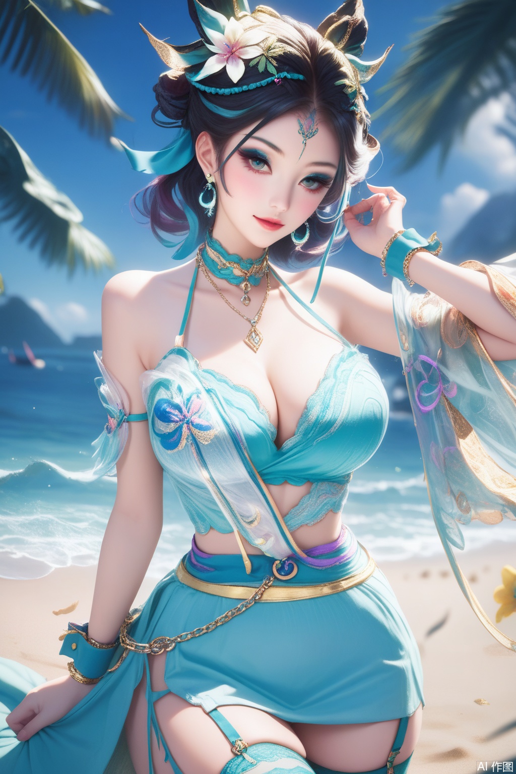 score_9,score_8_up,score_7_up,,1girl, large breasts, (hair ornament1.4),hair ribbon, jewelry, collarbone, wrist cuffs,kanzashi,(halterneck1.3),earrings,jabot,chain necklace,wrist cuffs,neck garter,leg belt,thighhighs,hair flower,high quality, eyeshadow,upper body,looking at viewer,on the beach,on the beach,

