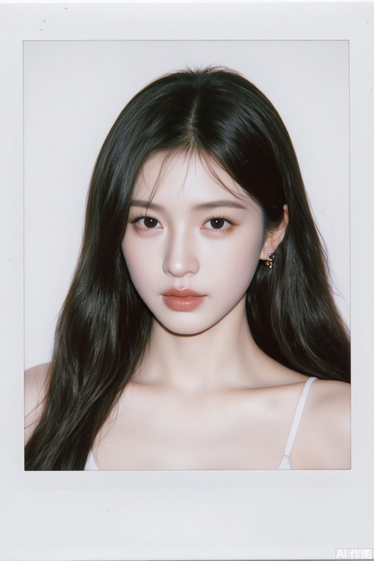 packfilm style,Polaroid,1girl, solo, long hair, looking at viewer, simple background, black hair, bare shoulders, jewelry, upper body, earrings, black eyes, lips, realistic,