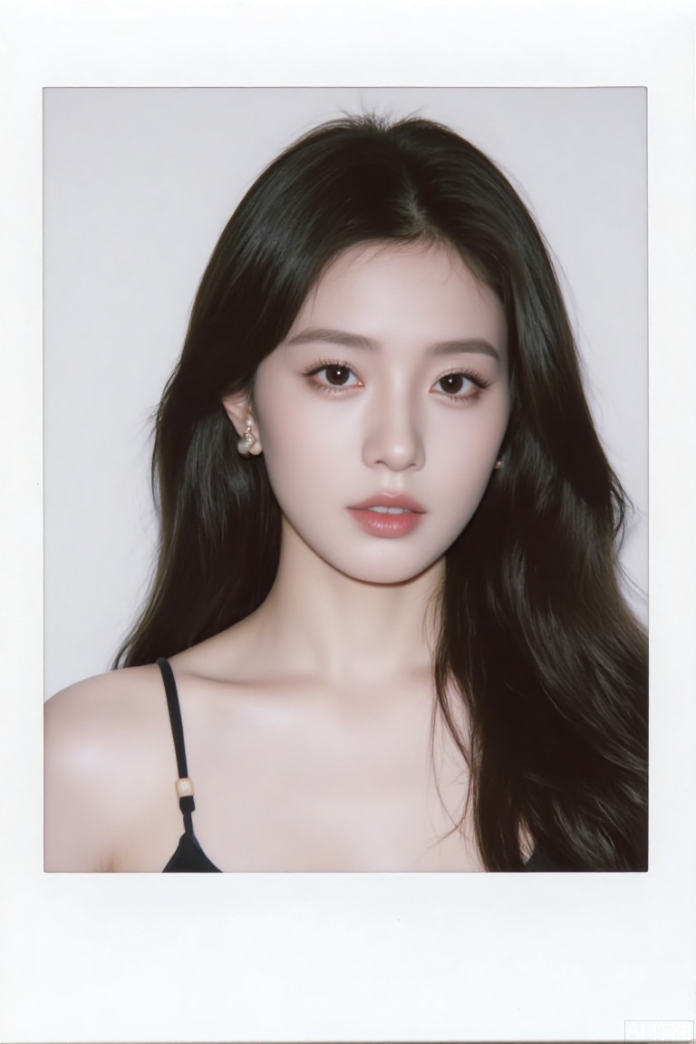 packfilm style,Polaroid,1girl, solo, long hair, looking at viewer, simple background, black hair, bare shoulders, jewelry, upper body, earrings, black eyes, lips, realistic,