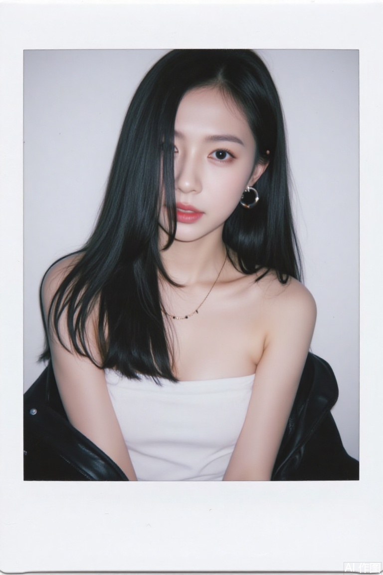 packfilm style,Polaroid,1girl, solo, long hair, looking at viewer, jacket, simple background, black hair, bare shoulders, jewelry, upper body, earrings, black eyes, lips, realistic,