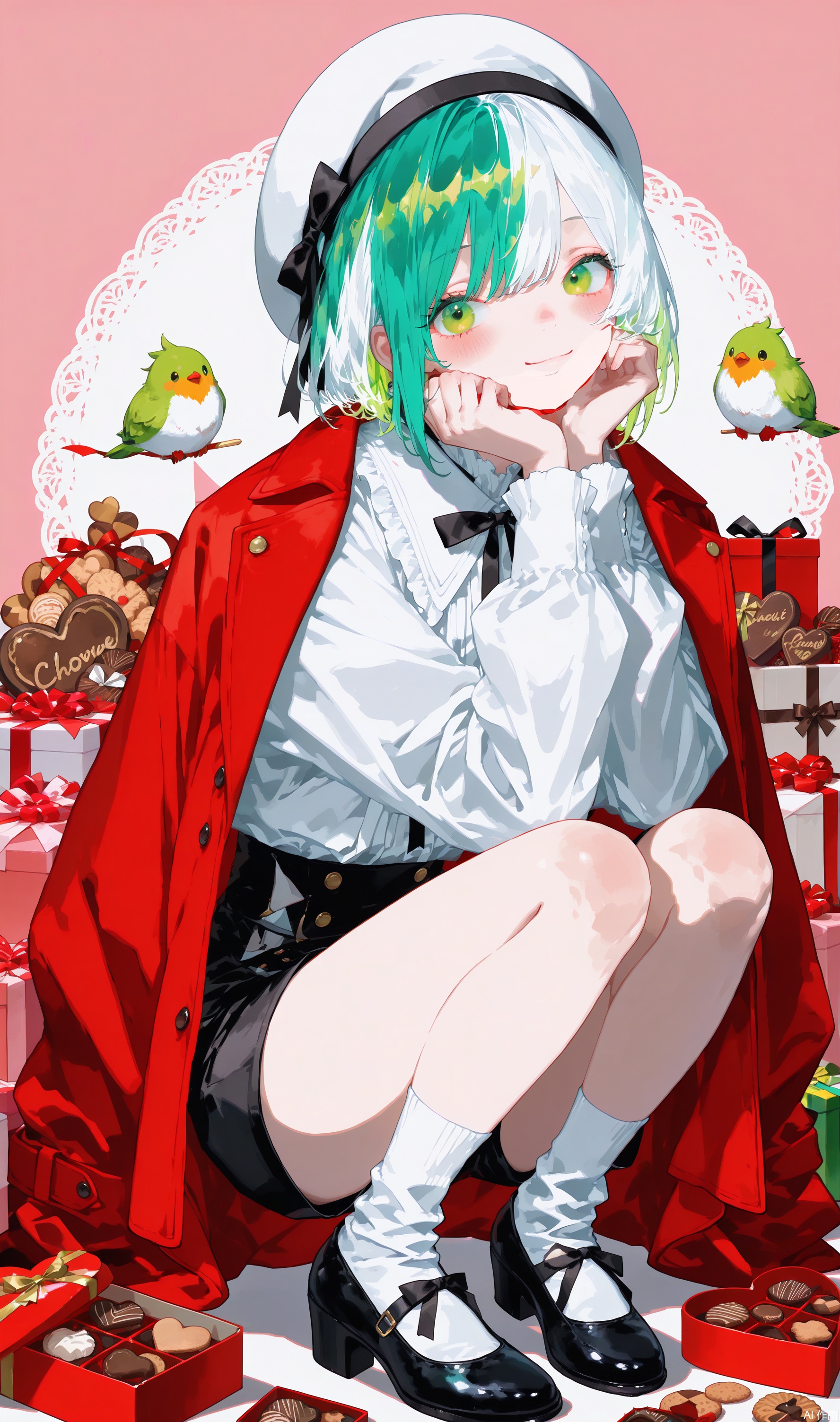 1girl, solo, looking at viewer, blush, smile, short hair, bangs, shirt, black hair, long sleeves, hat, bow, ribbon, sitting, closed mouth, green eyes, jacket, full body, white shirt, white hair, multicolored hair, frills, food, green hair, shoes, shorts, socks, high heels, two-tone hair, coat, black ribbon, black bow, bird, beret, white headwear, black shorts, squatting, white socks, box, gift, head rest, chocolate, valentine, jacket on shoulders, gift box, bobby socks, cookie, box of chocolates
,(artist:quasarcake:0.6),(Best Quality),(Chocoan:0.5),extreme aesthetic,masterpiece,best quality,backlight,high quality,(Tyndall Effect 1.4),extremely detailed,High Detail,vibrant colors,anime style,cover art,(wanke:0.8),(watercolor \(tira 7:1.8),(lam (ramdayo):0.8),(mochizuki kei:0.8),extreme aesthetic,masterpiece,best quality,good quality,newest,very aesthetic,absurdres,Visual impact,32K UHD,colorful,sharp focus