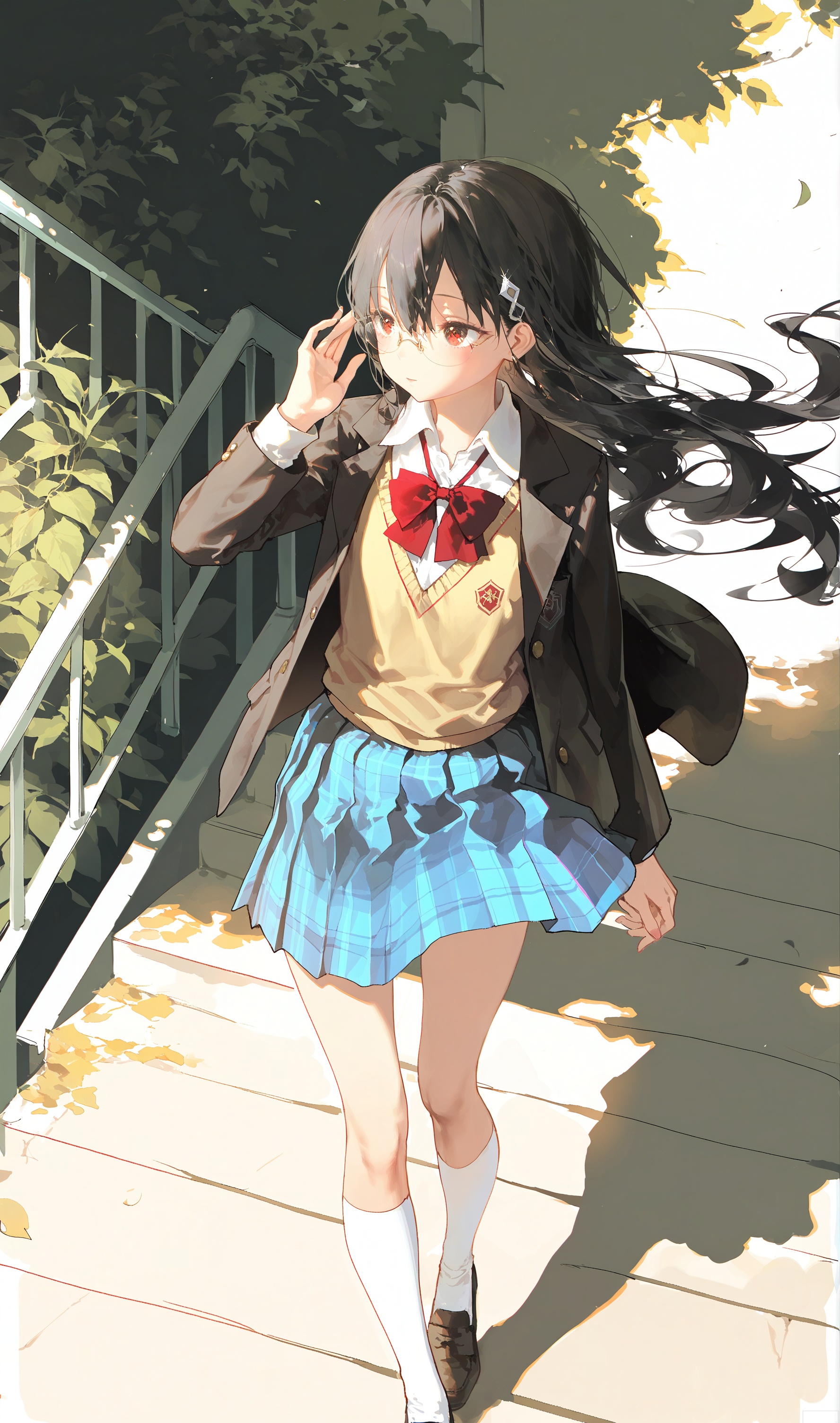 sketch lines,mixed media,conceptual art, z3zz4, dino \(dinoartforame\), ichika \(ichika87\), toosaka asagi, nekojira, rhasta, rella
1girl, solo, long hair, bangs, skirt, shirt, black hair, long sleeves, bow, hair between eyes, closed mouth, school uniform, standing, jacket, white shirt, pleated skirt, outdoors, open clothes, shoes, glasses, day, socks, collared shirt, hand up, bowtie, black eyes, red bow, open jacket, blue skirt, black jacket, looking to the side, plaid, kneehighs, floating hair, plaid skirt, looking away, blazer, white socks, blue jacket, wind, red bowtie, sweater vest, stairs