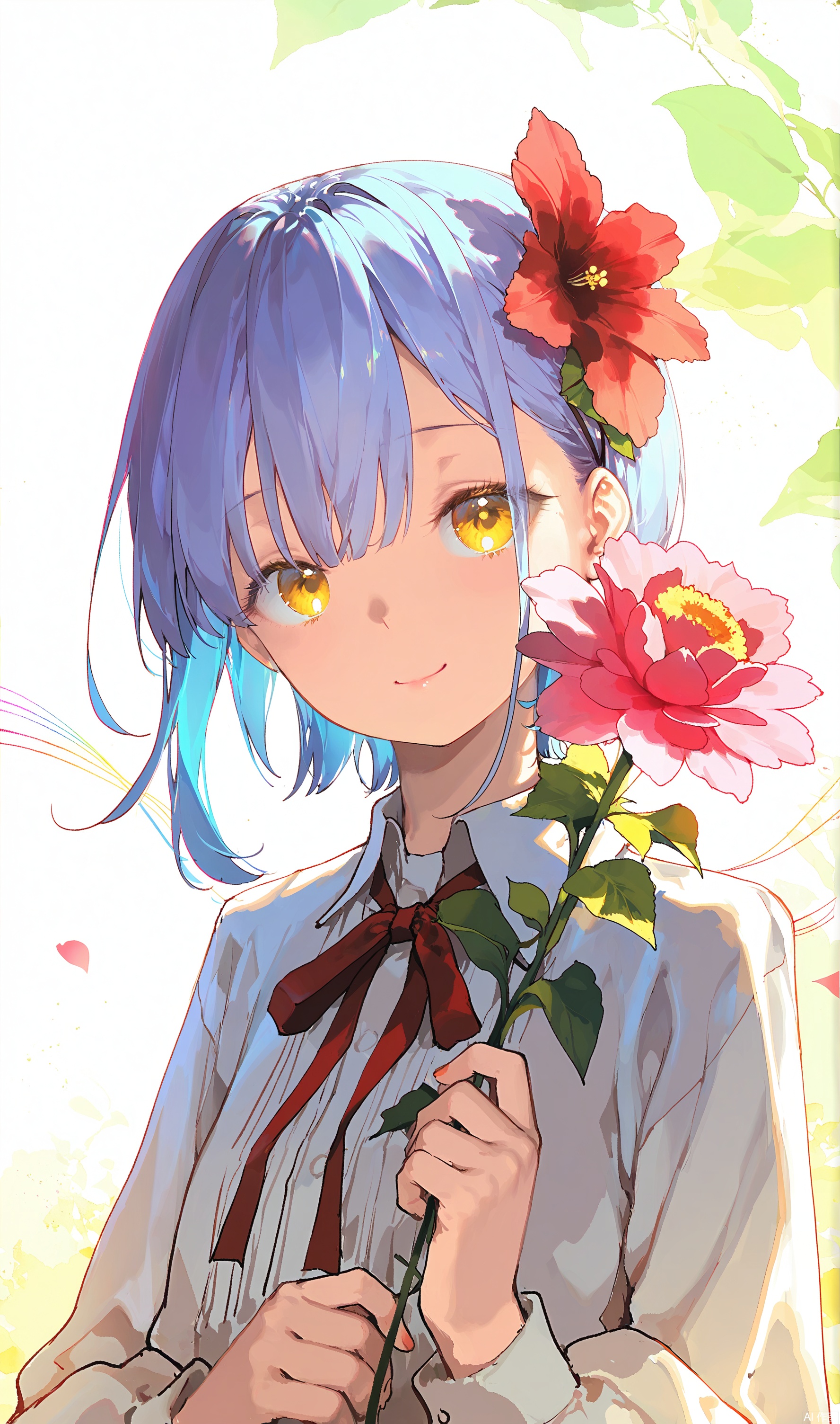 sketch lines,mixed media,conceptual art, z3zz4, dino \(dinoartforame\), ichika \(ichika87\), toosaka asagi, nekojira, rhasta, rella
1girl, solo, looking at viewer, smile, short hair, bangs, simple background, shirt, hair ornament, long sleeves, white background, ribbon, holding, closed mouth, blue hair, yellow eyes, white shirt, upper body, flower, collared shirt, hair flower, red ribbon, neck ribbon, red flower, pink flower, holding flower