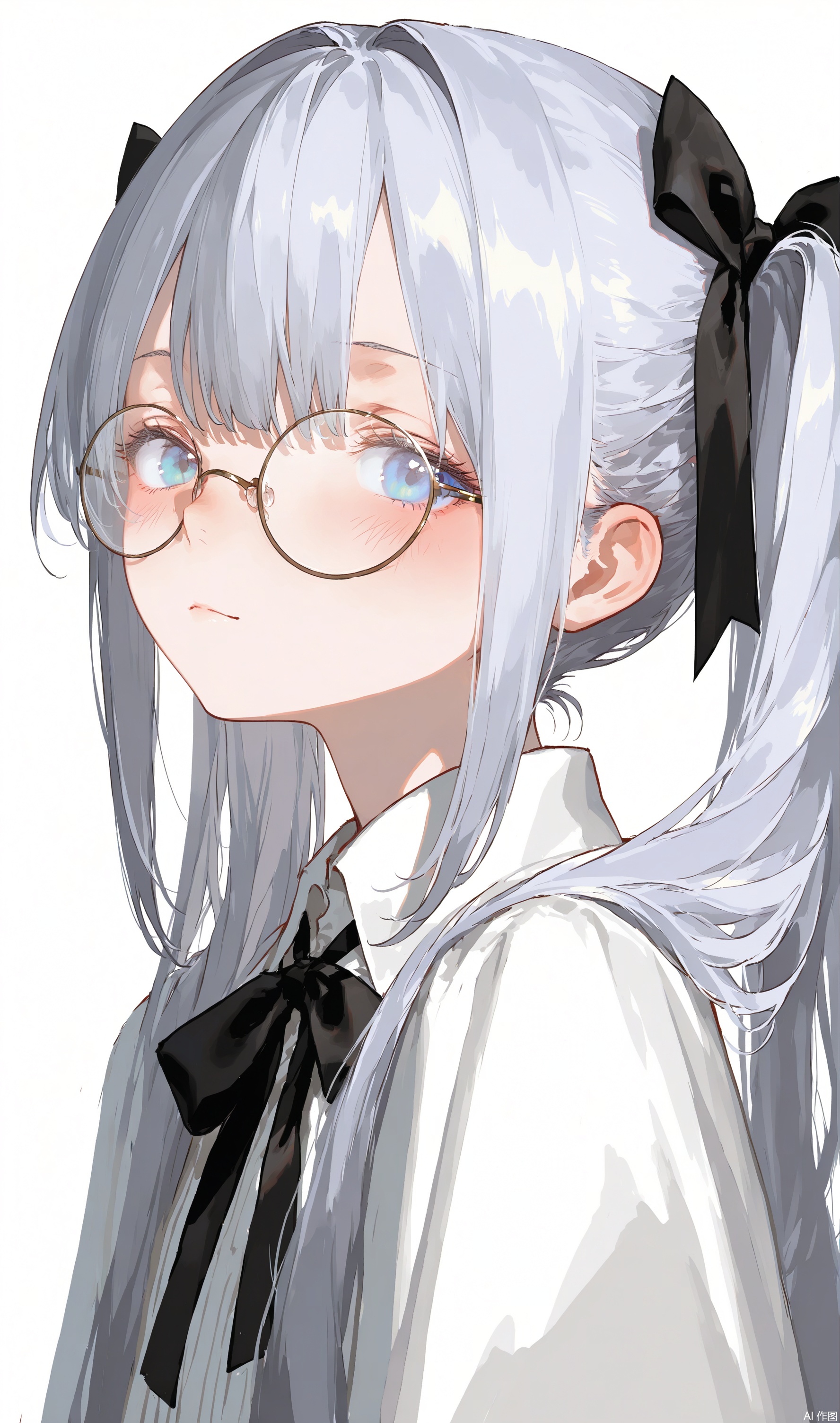 sketch lines,mixed media,conceptual art, z3zz4, dino \(dinoartforame\), ichika \(ichika87\), toosaka asagi, nekojira, rhasta, rella
1girl, solo, blue eyes, looking at viewer, glasses, round eyewear, twintails, white background, simple background, long hair, closed mouth, bow, bangs, hair bow, blush, grey hair, black bow, portrait, upper body, hair, ribbon