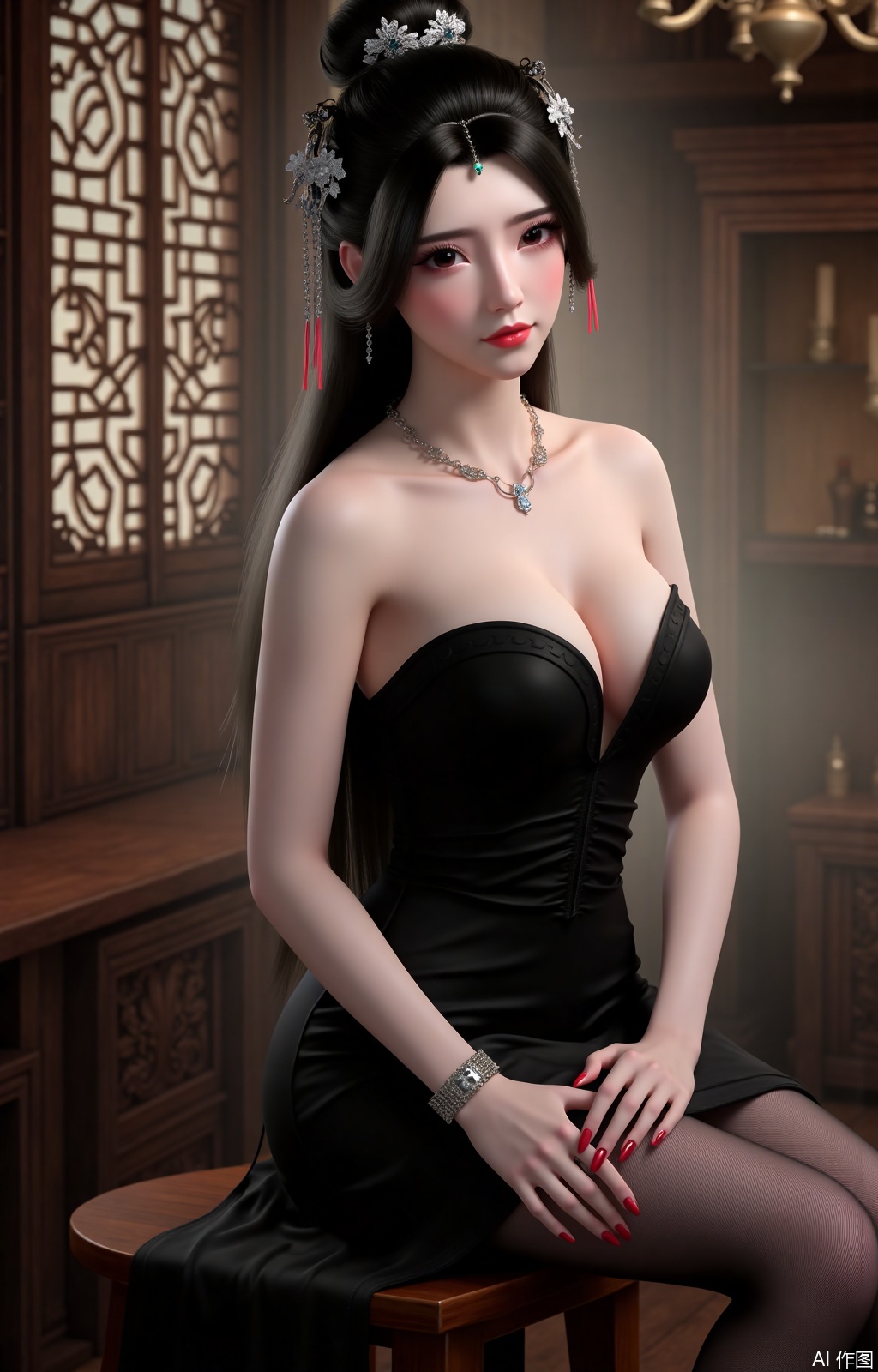 lvjing,black hair,brown eyes,fair_skin,long hair,hair_bun,jewelry,hair_ornament,yunyun,
1girl,breasts,solo,dress,pantyhose,indoors,sitting,jewelry,looking at viewer,earrings,strapless,black dress,cleavage,bare shoulders,red nails,strapless dress,bangs,chandelier,window,covered navel,black pantyhose,nail polish,stool,bare arms,medium breasts,red lips,alternate costume,feet out of frame,large breasts,parted lips,side slit, 
cover,Close-up details,outstanding style,adding a touch of dimension to your images without compromising details,close-up,FRfjm,wly