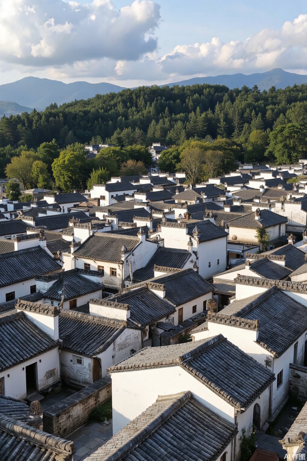 Ultra photoreal, Insane Details, 32K, Realistic, The image depicts a traditional Chinese village with white-washed walls and dark tiled roofs. The structures are closely packed
creating a dense and compact layout typical of ancient villages. The roofs are sloped
designed to facilitate rainwater drainage. In the background
there is a lush green forest with dense trees
and beyond the forest
there are mountains under a partly cloudy sky. The overall atmosphere is serene and picturesque
capturing the essence of traditional Chinese architecture and natural beauty.,Huizhou architecture