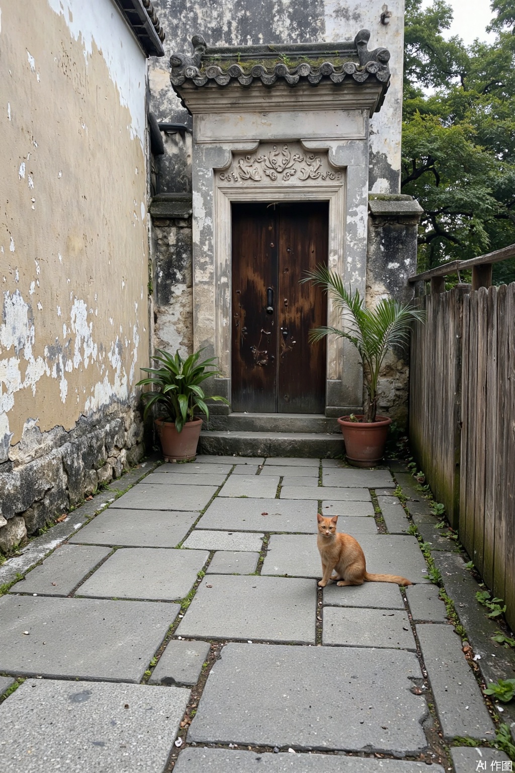 The image depicts a narrow stone pathway flanked by old
weathered buildings. The pathway is lined with irregularly shaped stones
and there is a small
orange-brown cat sitting in the foreground
looking directly at the camera. The cat is on the right side of the pathway
and there are potted plants and a wooden fence visible in the background. The buildings have a rustic appearance
with some showing signs of wear and tear
such as peeling paint and moss growth. The pathway leads to a gate
which is part of a larger structure with intricate carvings and a wooden door. The area is surrounded by lush greenery
suggesting a serene and historical setting.,Huizhou architecture