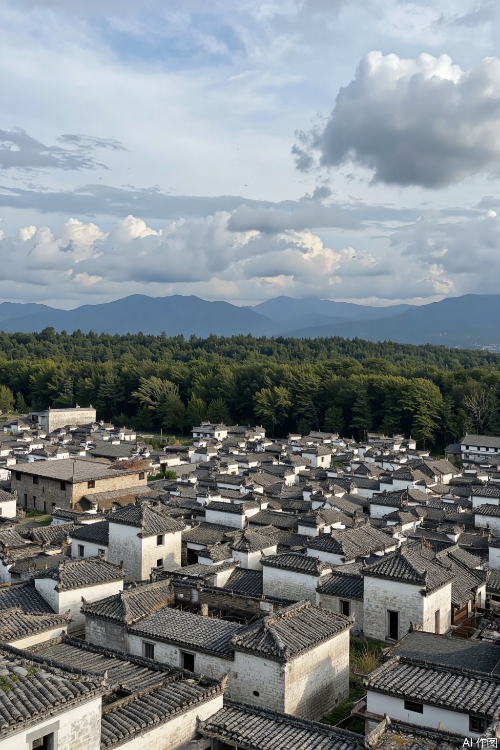 Ultra photoreal, Insane Details, 32K, Realistic, The image depicts a traditional Chinese village with white-washed walls and dark tiled roofs. The structures are closely packed
creating a dense and compact layout typical of ancient villages. The roofs are sloped
designed to facilitate rainwater drainage. In the background
there is a lush green forest with dense trees
and beyond the forest
there are mountains under a partly cloudy sky. The overall atmosphere is serene and picturesque
capturing the essence of traditional Chinese architecture and natural beauty.