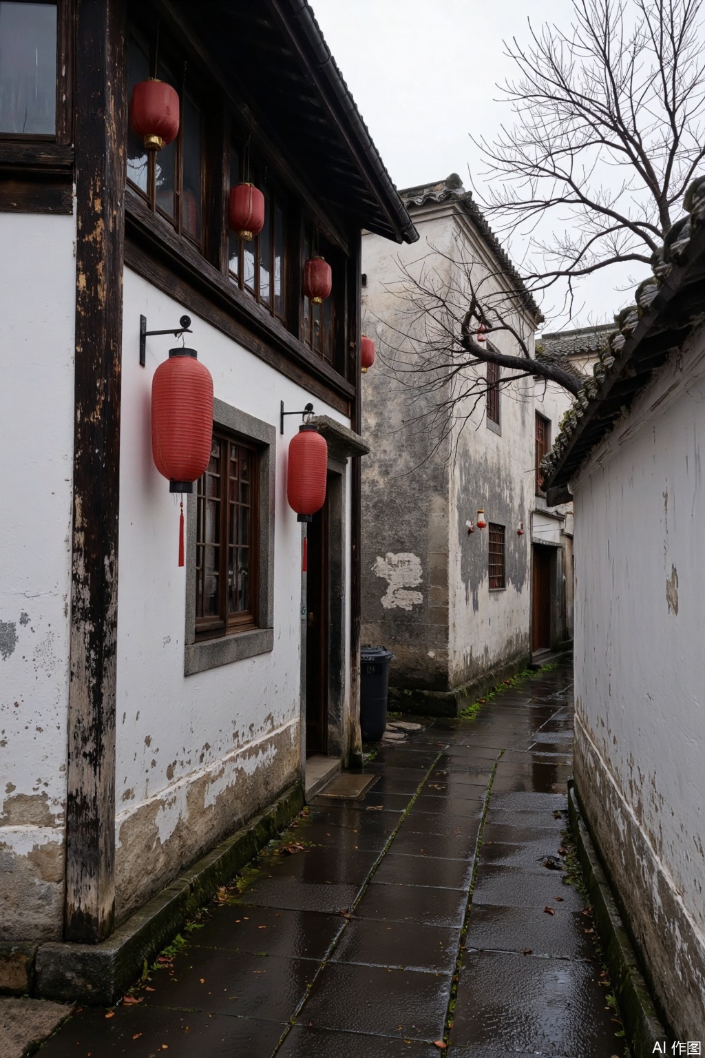 The image depicts a narrow
wet alleyway in what appears to be a traditional East Asian town. The architecture is characterized by white-washed walls with dark wooden beams and tiled roofs
typical of historical Chinese or Japanese villages. The alley is lined with old buildings
some of which have weathered exteriors. Red lanterns are hanging from the buildings
adding a touch of color to the otherwise muted tones. The ground is wet
suggesting recent rain
and there are bare tree branches extending into the frame
indicating a season like late autumn or early spring. The overall atmosphere is serene and slightly melancholic
with a focus on the interplay of light and shadow on the aged structures.,Huizhou architecture