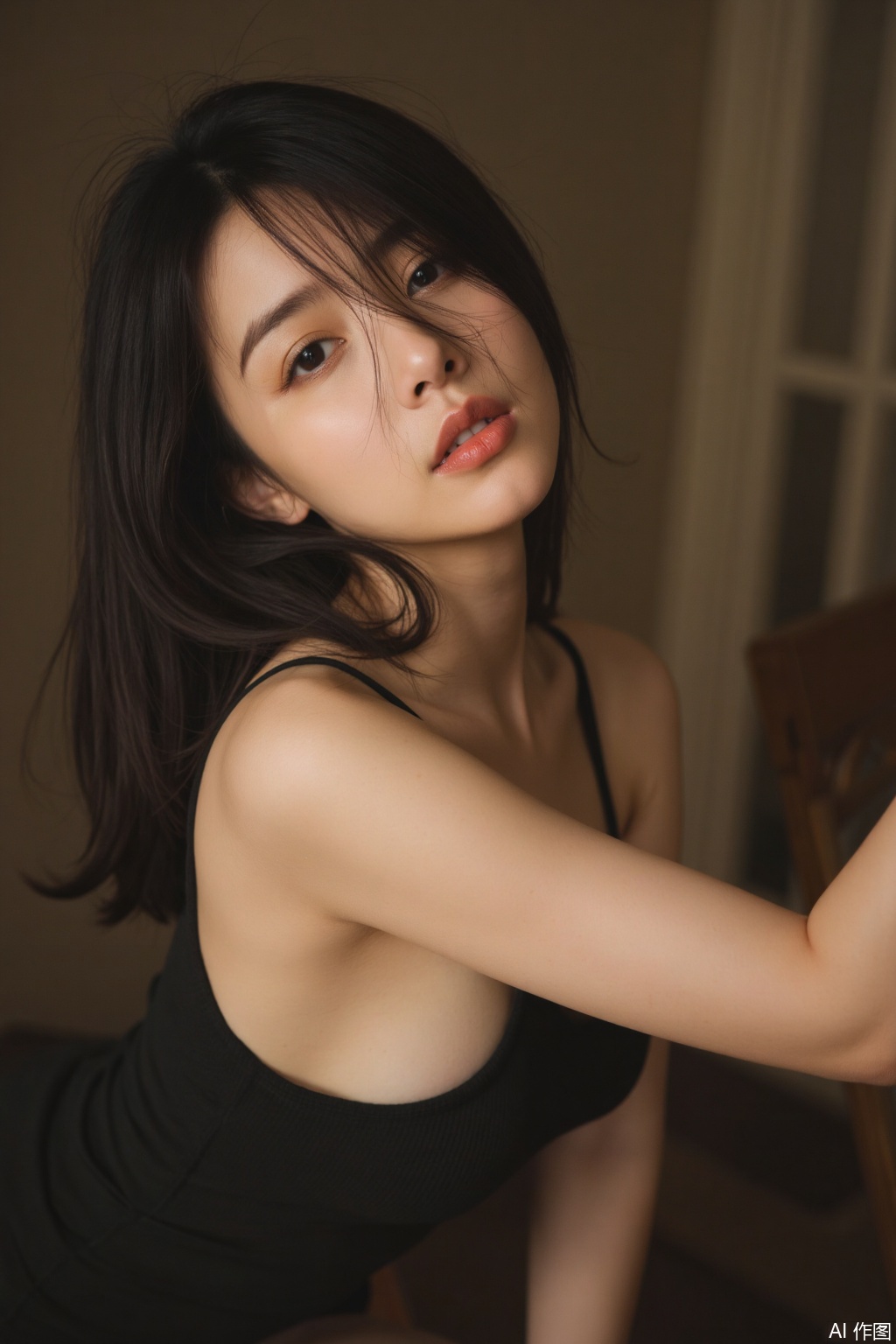 This is a very detailed and realistic photo of a young East Asian woman with light skin and delicate facial features. She has a slim figure and a small breast. Her long straight black hair was separated from the middle and fell slightly on her face, looking casual and blown away by the wind. She wore a simple black strap top that highlighted her delicate collarbone and shoulders. Her expression was neutral, with a hint of melancholy, and she looked straight at the camera with her big almond-shaped eyes. The background is blurred, and the soft and warm light casts a warm light on her face and body, creating a comfortable, intimate atmosphere. She leaned casually on a wooden bench with her left arm on top and her right arm hanging loosely next to her. The photo was taken in a dim room with beige walls that enhance the soft, intimate atmosphere. The overall composition and lighting emphasize her delicate beauty and introspective nature, with a hint of artistic sensibility.